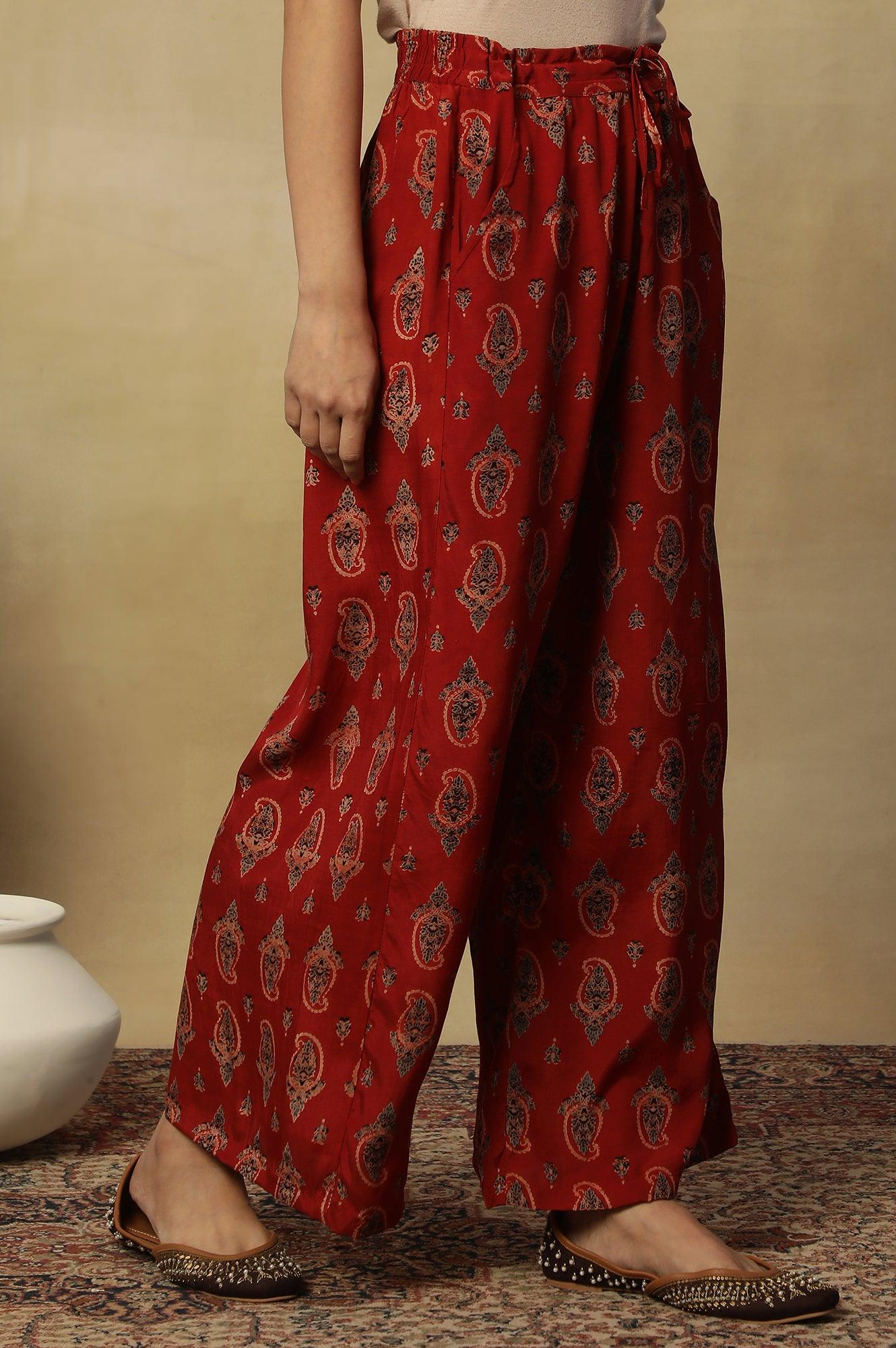 Red Printed Embroidered Red Parallel Pants - Image 4