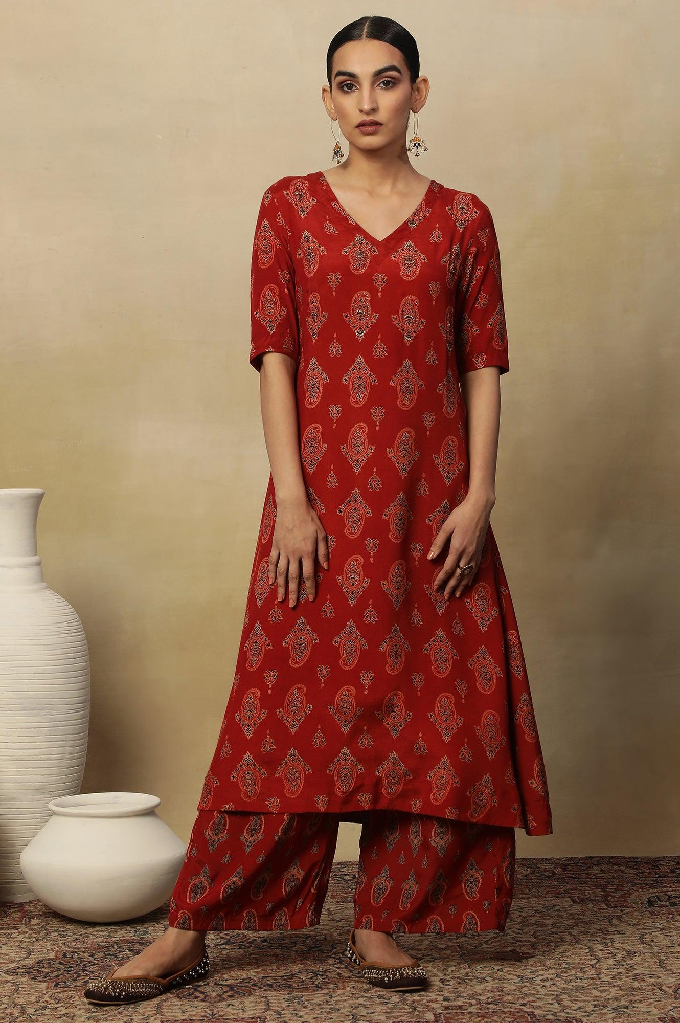 Red Printed Embroidered Red Parallel Pants - Image 5