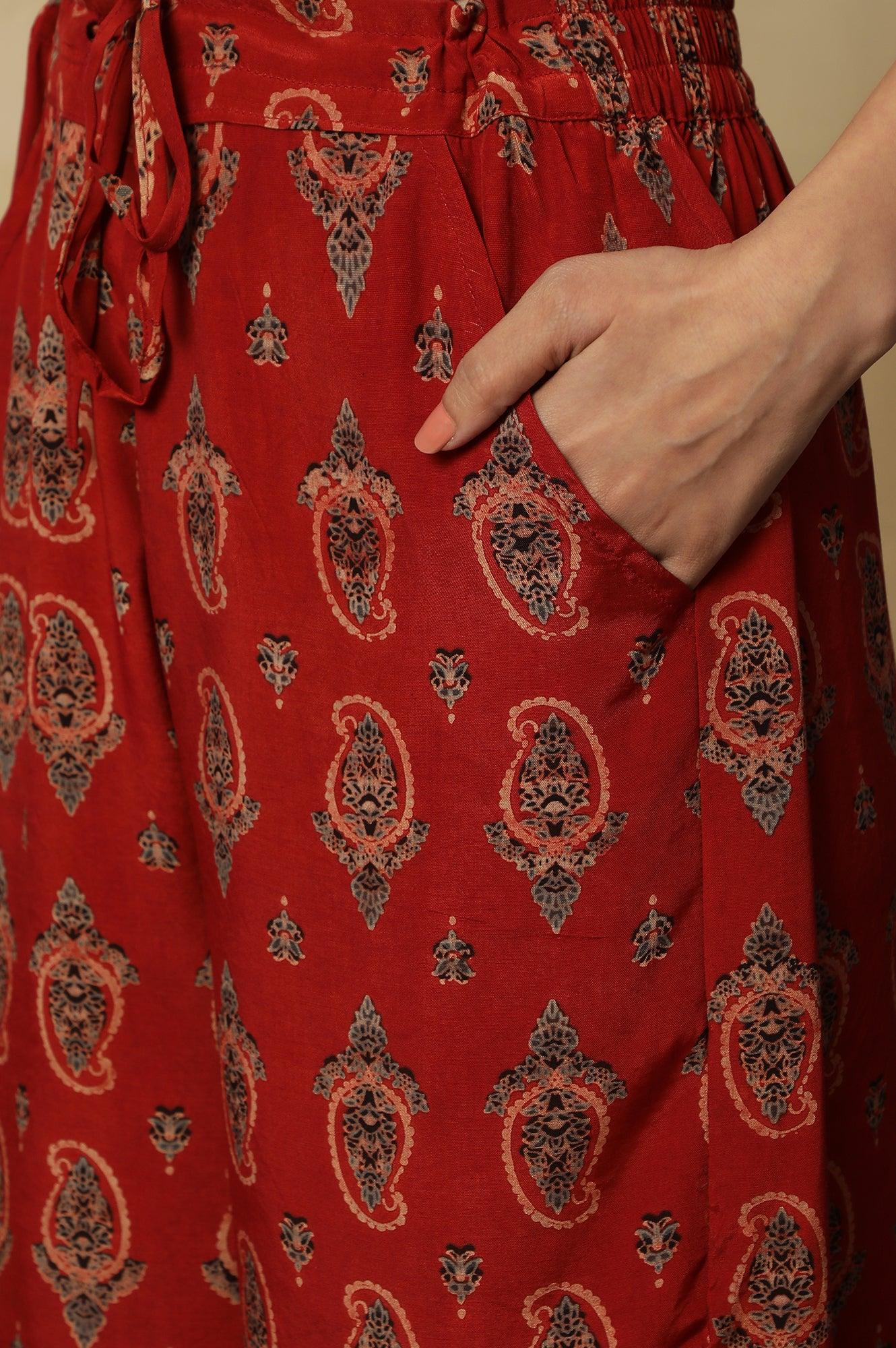 Red Printed Embroidered Red Parallel Pants - Image 7