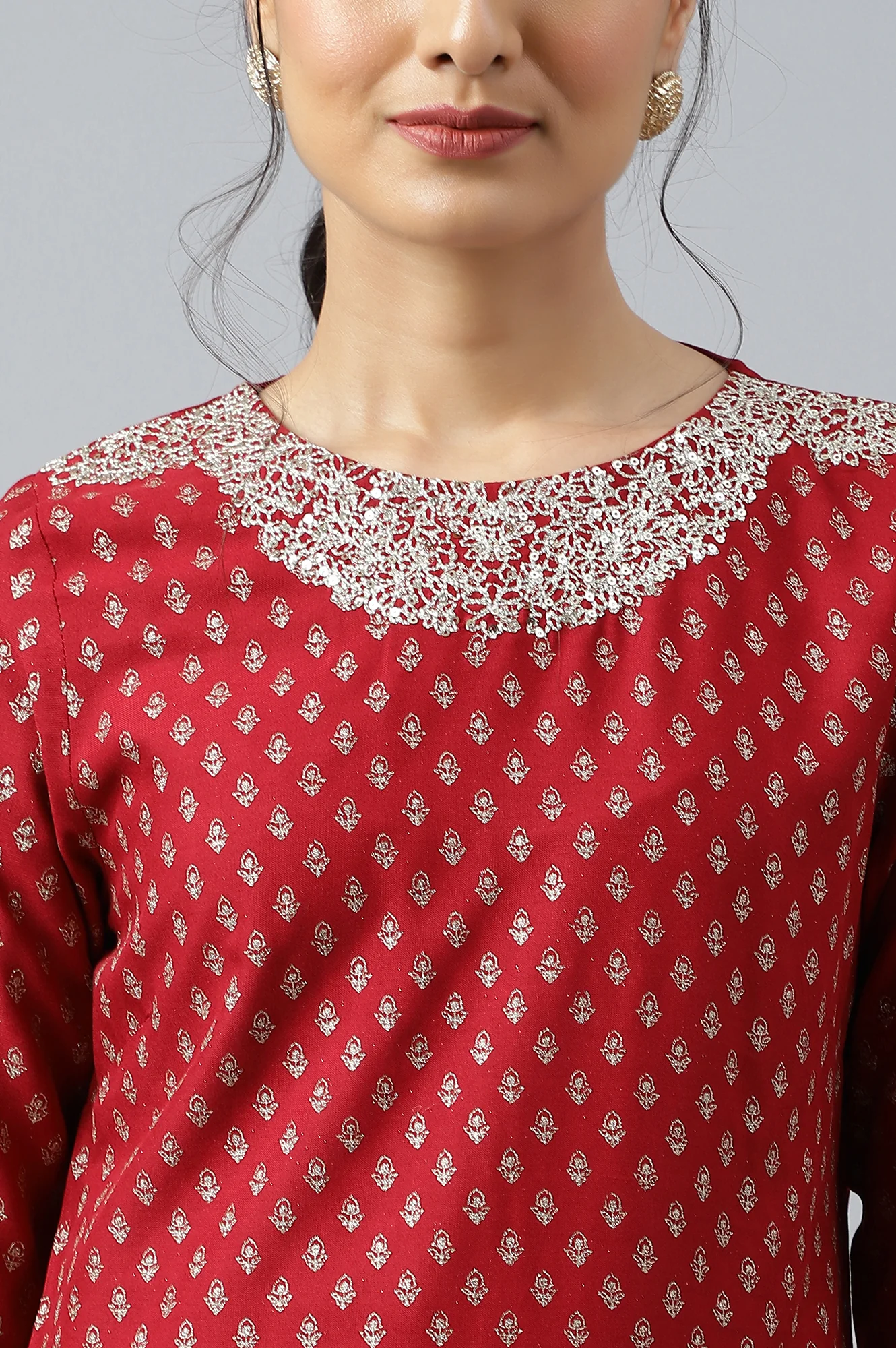 Red Printed kurta With Metallic Embroidery - Image 8