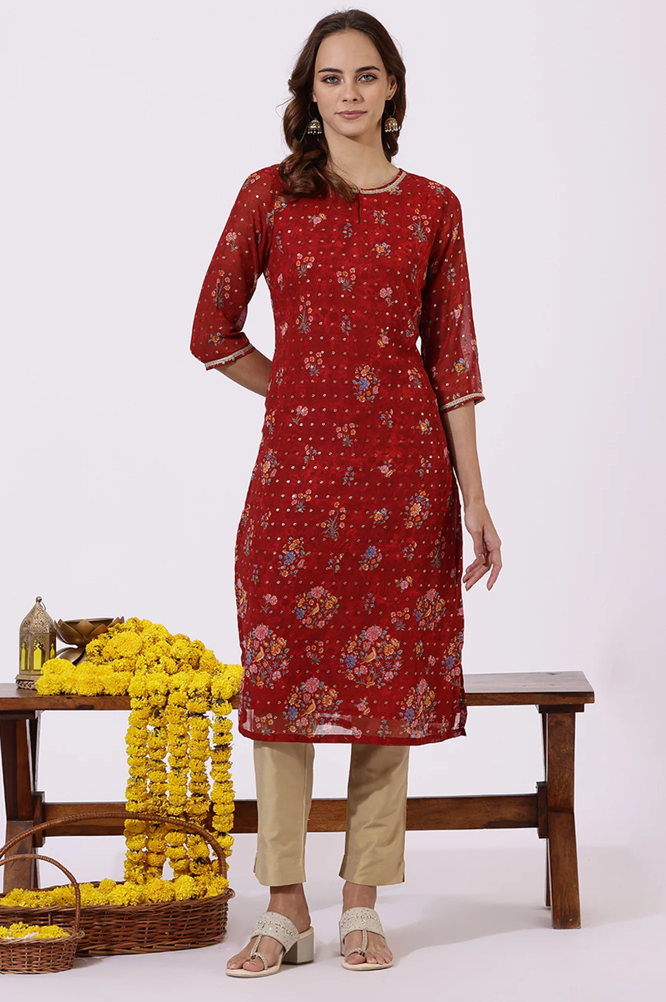 Red Printed Lace Straight Kurta - Image 2