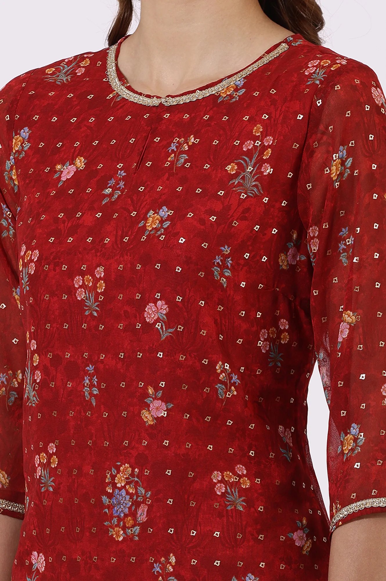 Red Printed Lace Straight Kurta - Image 3