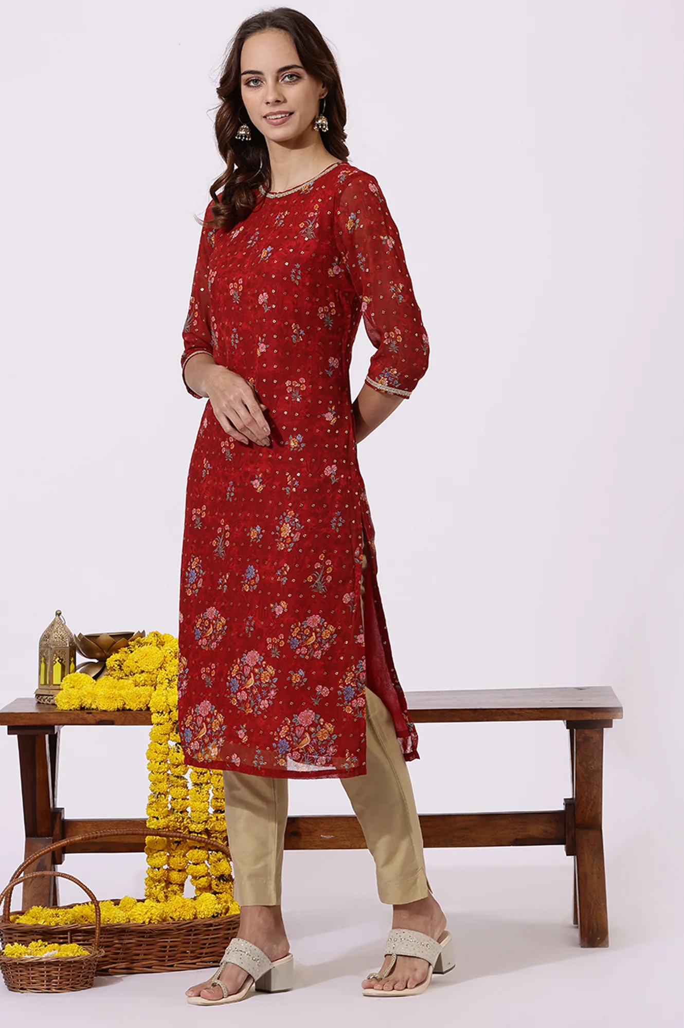 Red Printed Lace Straight Kurta - Image 4