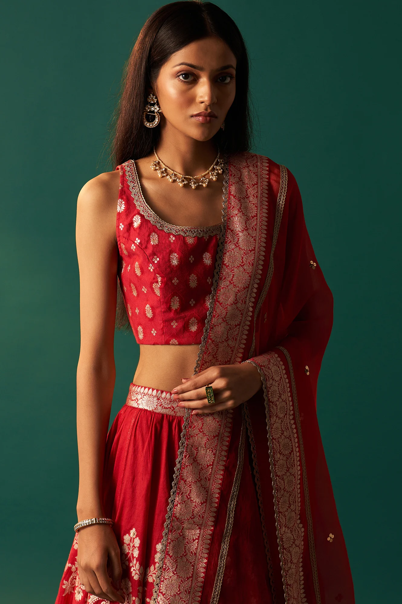 Red Zari Embroidered Jacquard Blouse with Flared Skirt and Dupatta Set - Image 3