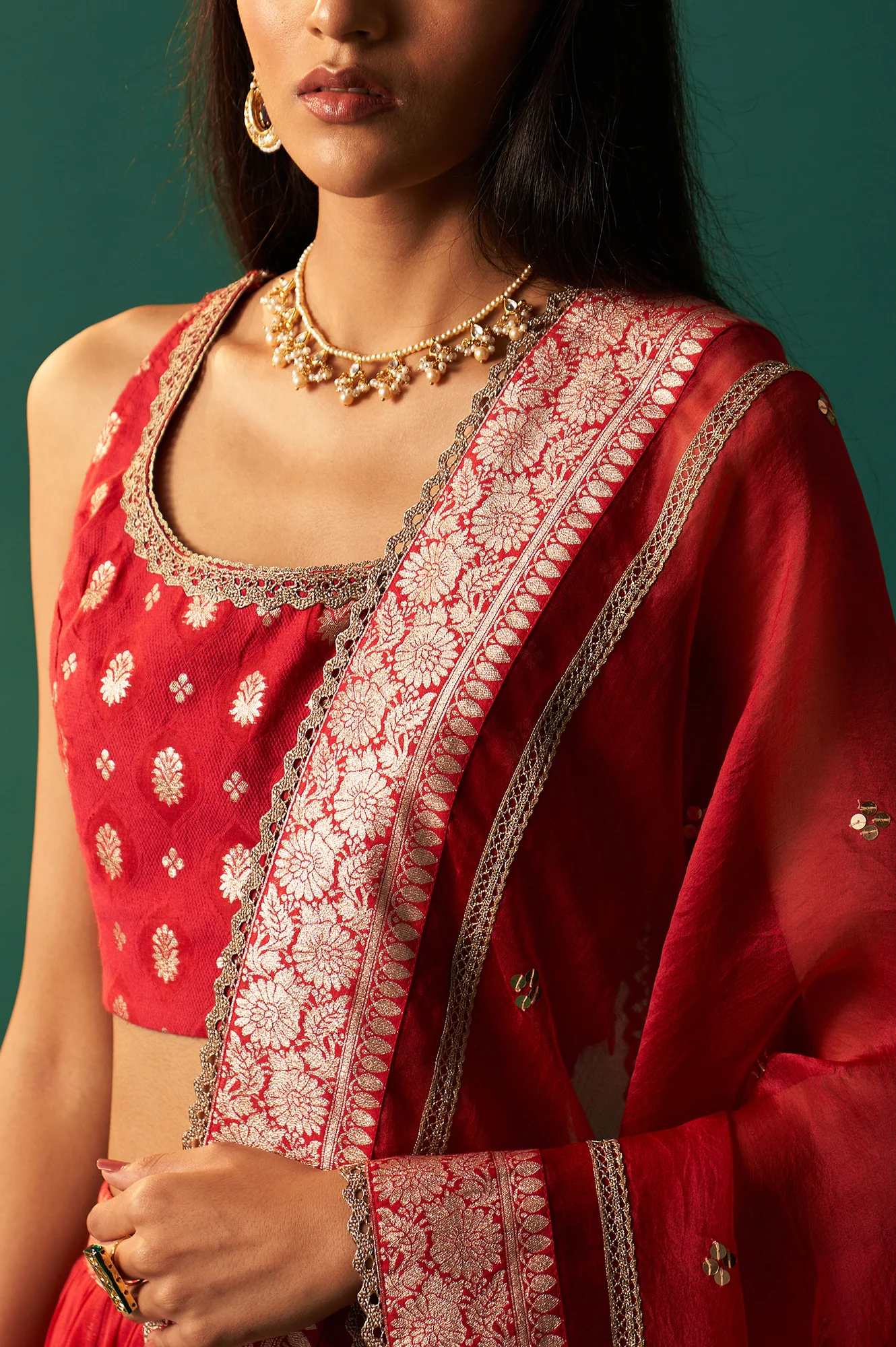 Red Zari Embroidered Jacquard Blouse with Flared Skirt and Dupatta Set - Image 4