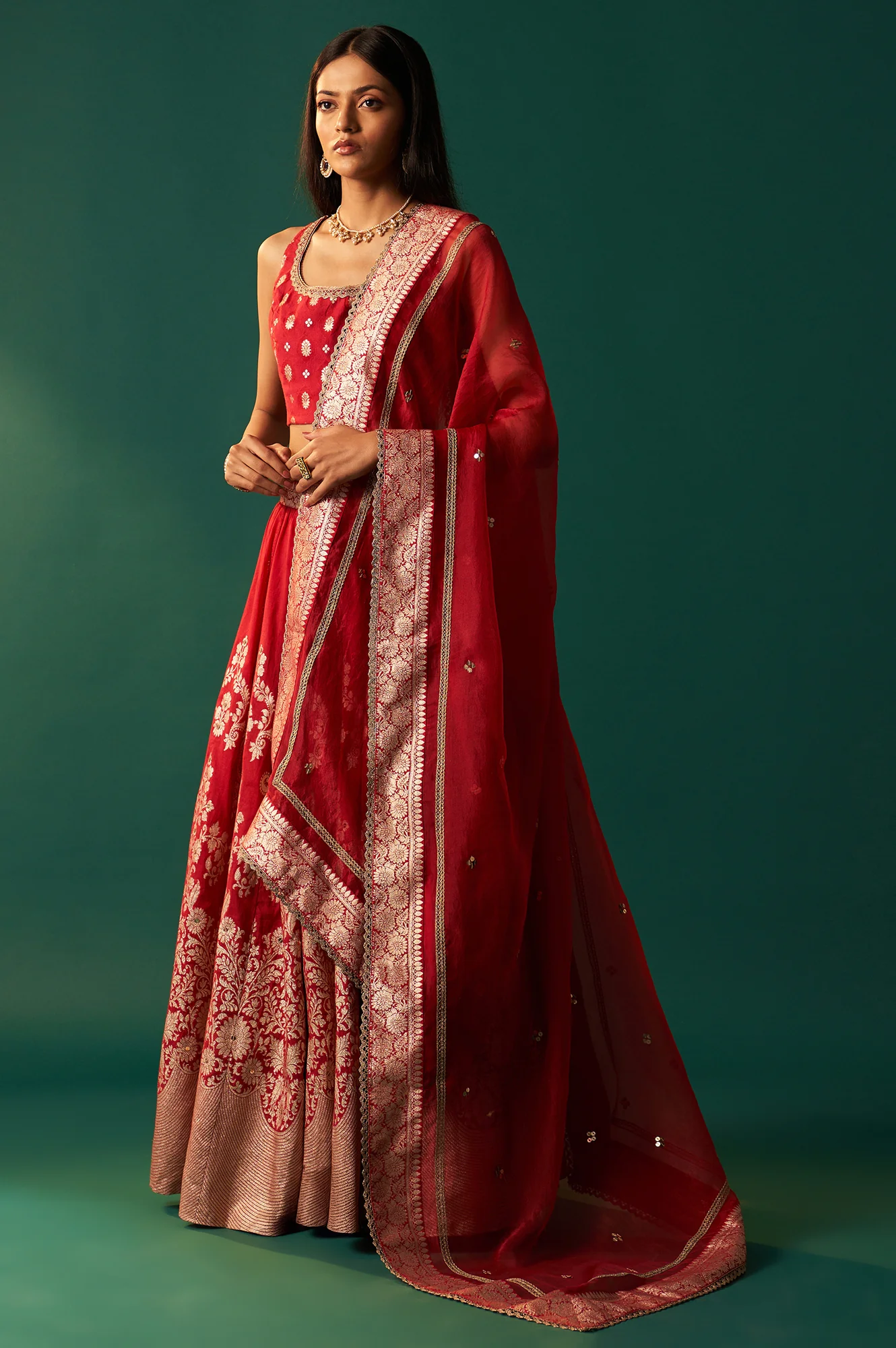 Red Zari Embroidered Jacquard Blouse with Flared Skirt and Dupatta Set - Image 5