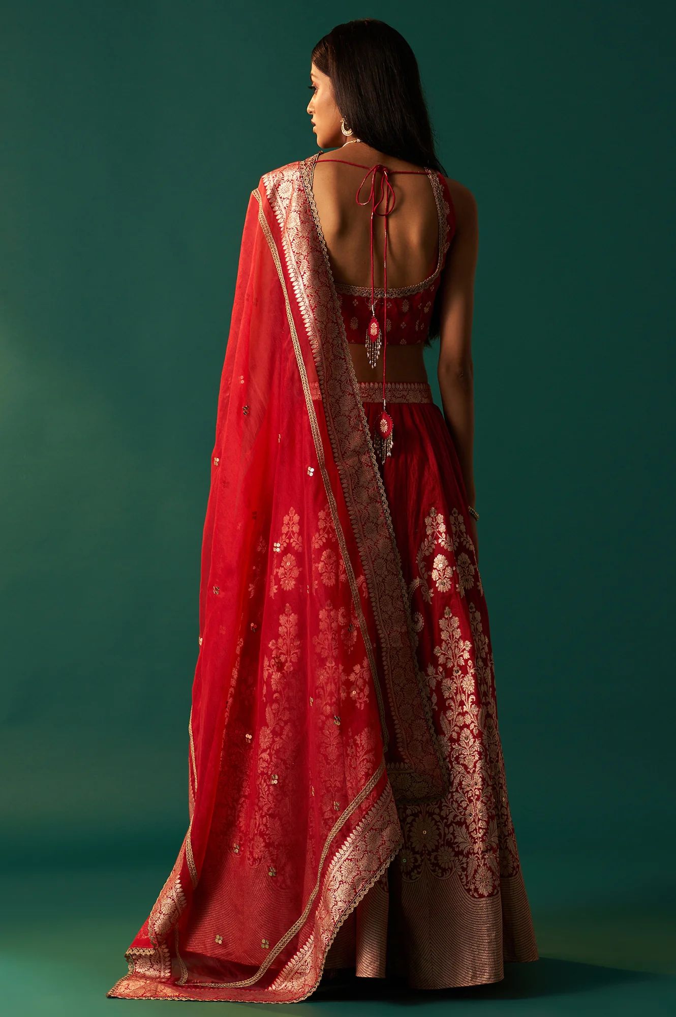 Red Zari Embroidered Jacquard Blouse with Flared Skirt and Dupatta Set - Image 6