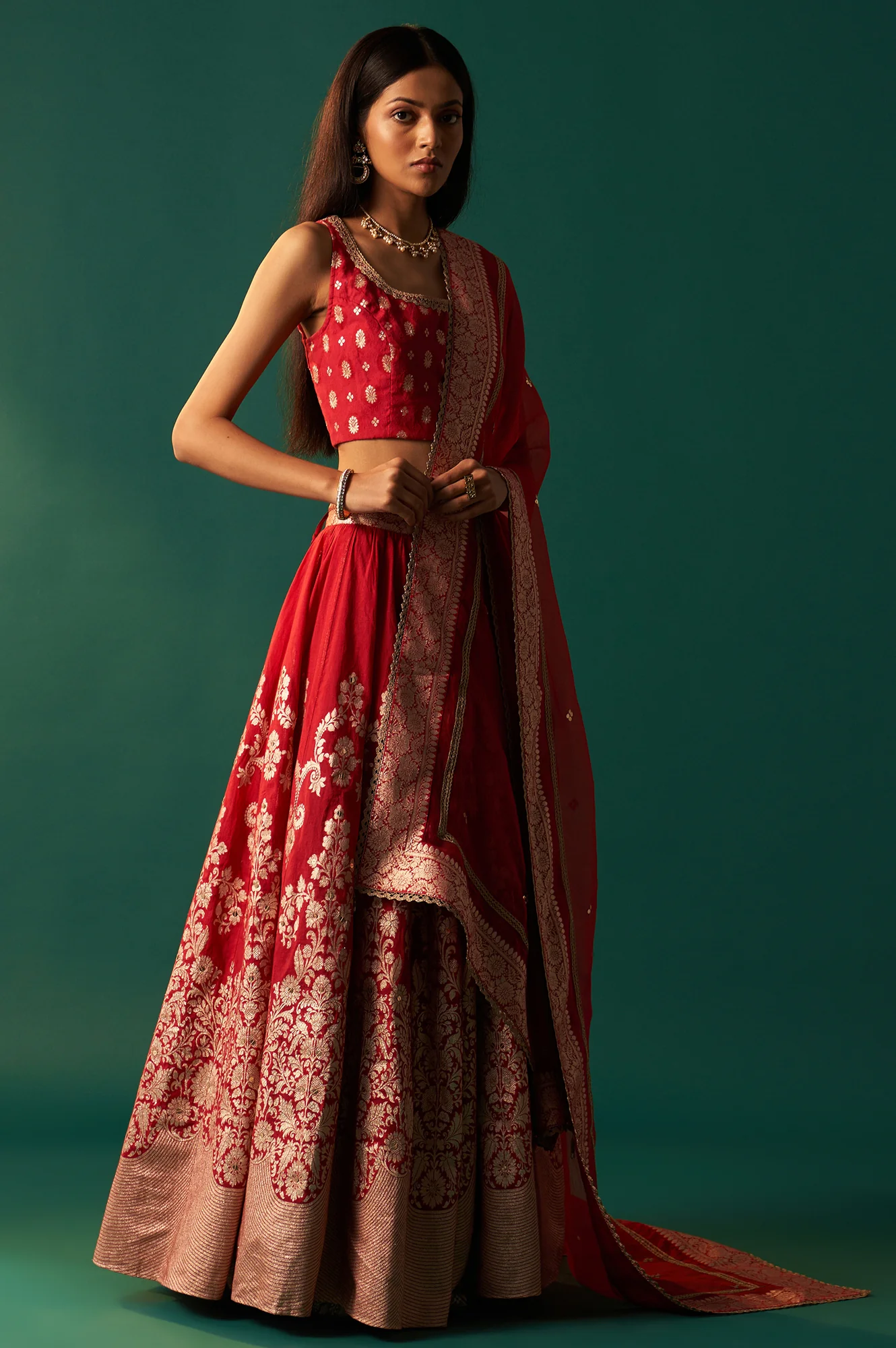Red Zari Embroidered Jacquard Blouse with Flared Skirt and Dupatta Set - Image 7