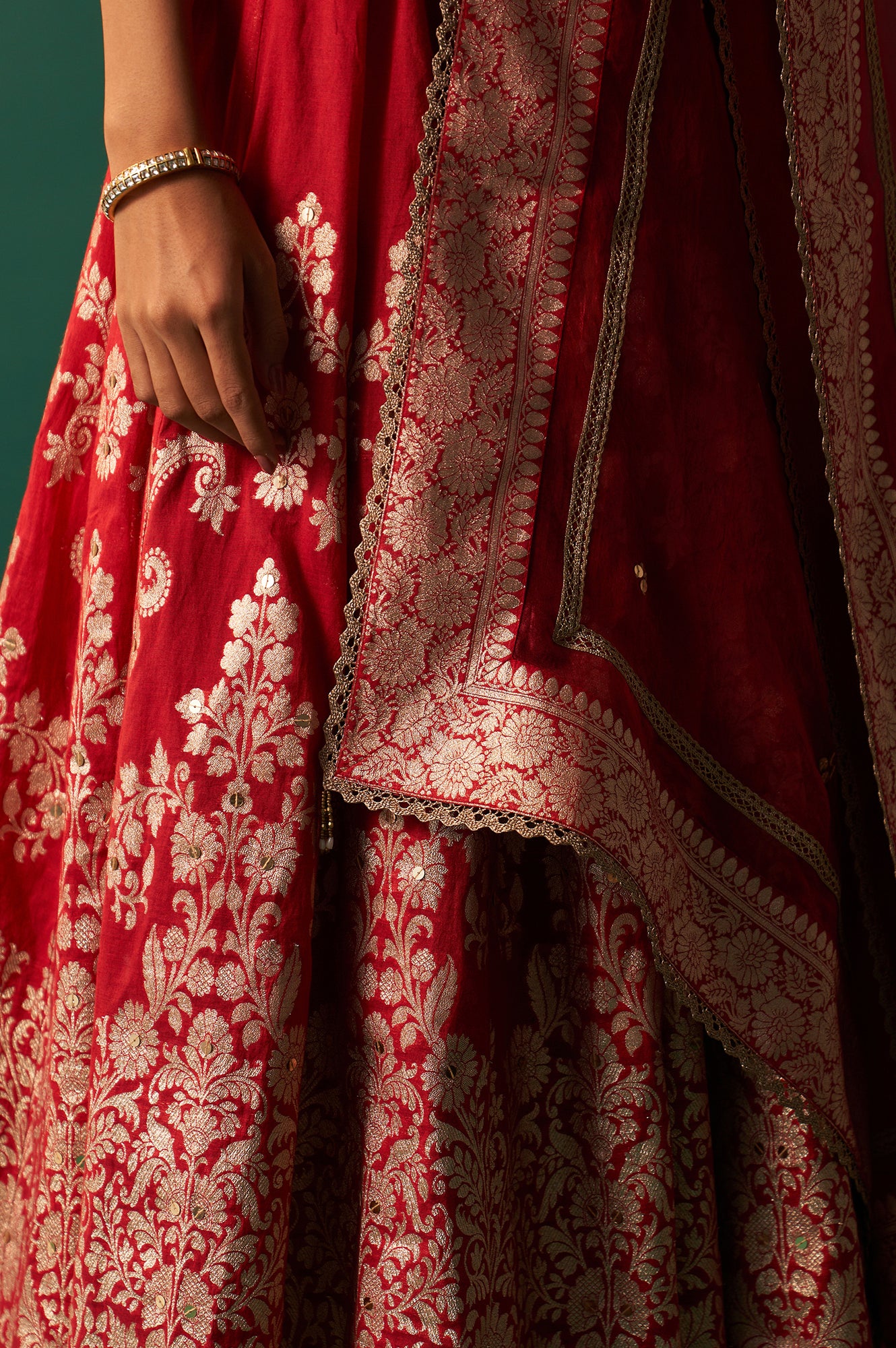 Red Zari Embroidered Jacquard Blouse with Flared Skirt and Dupatta Set - Image 8