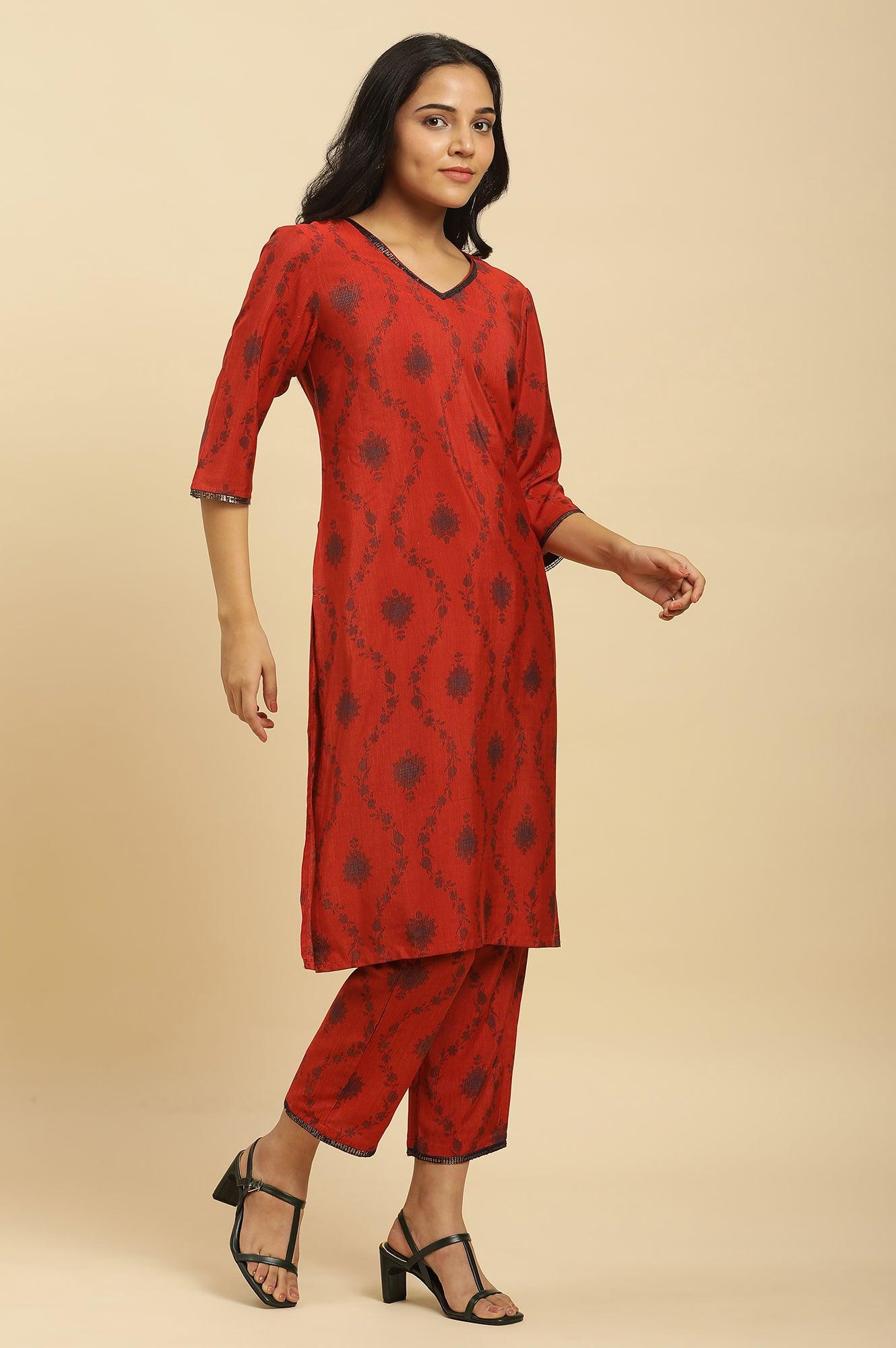 Red Sequined Printed Kurta, Pants And Dupatta Set - Image 5