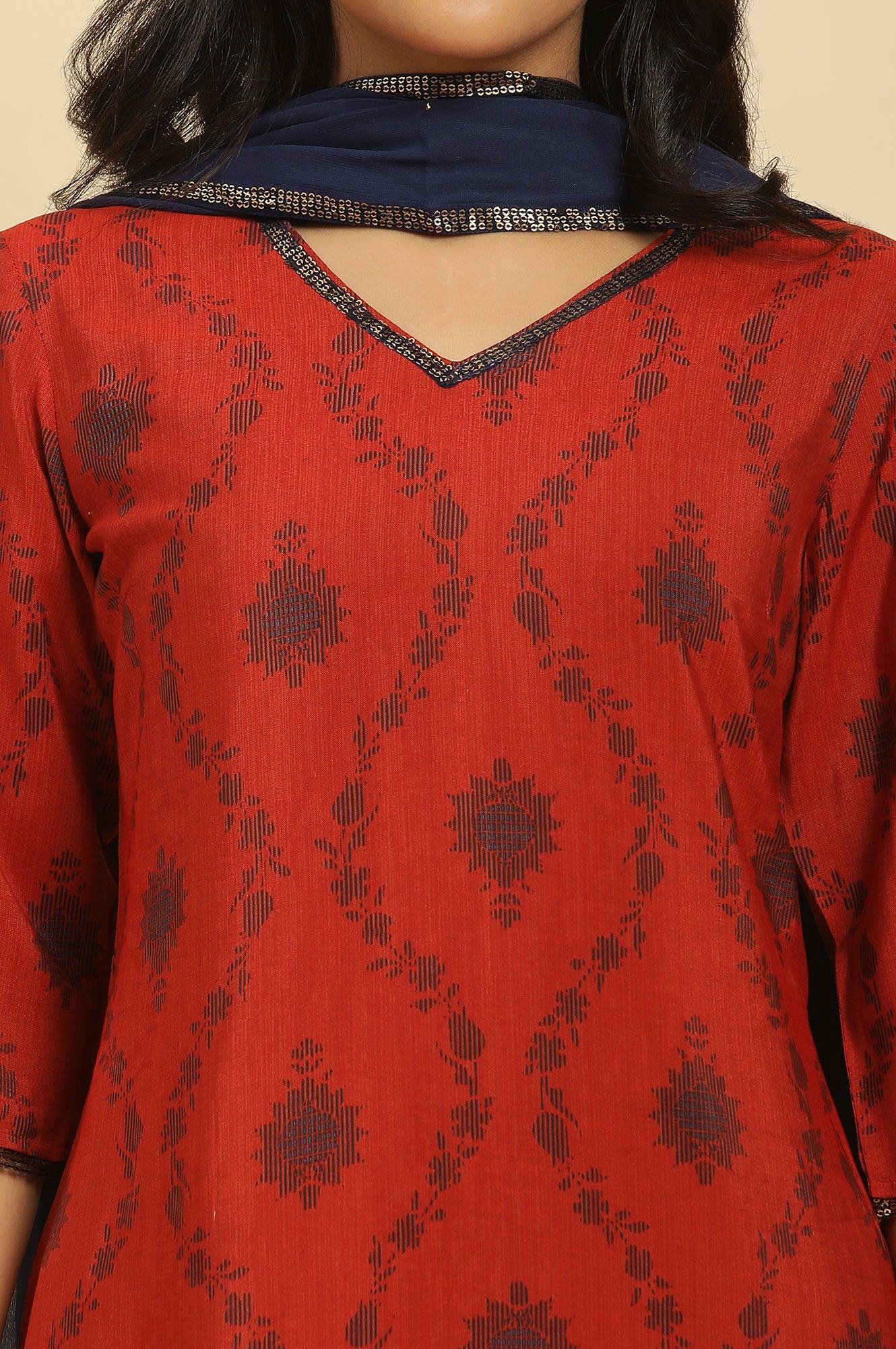 Red Sequined Printed Kurta, Pants And Dupatta Set - Image 7