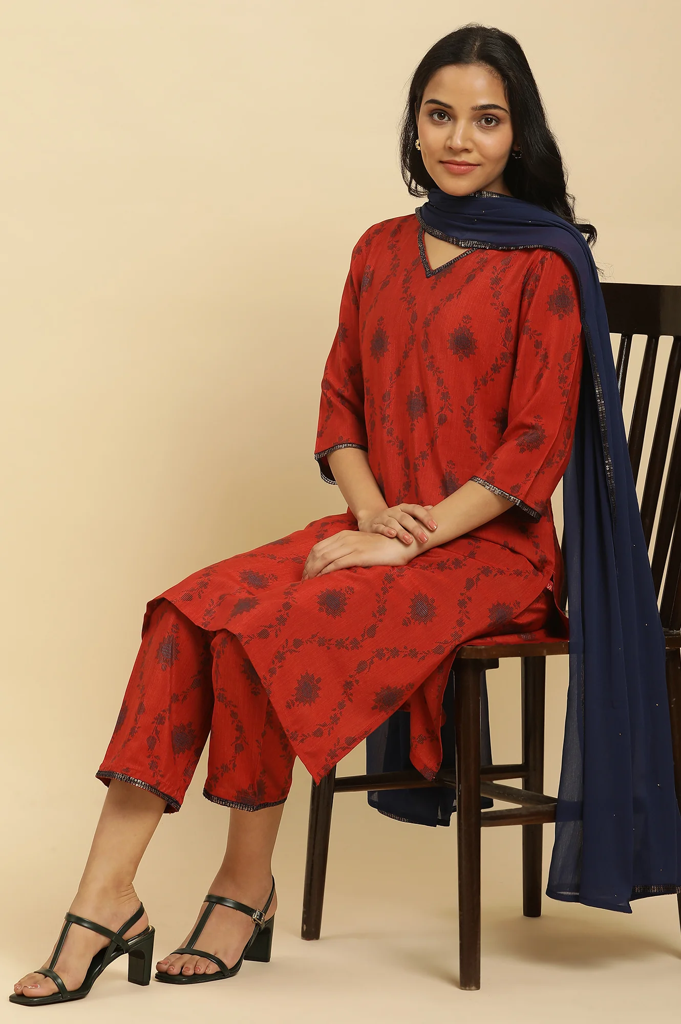 Red Sequined Printed Kurta, Pants And Dupatta Set