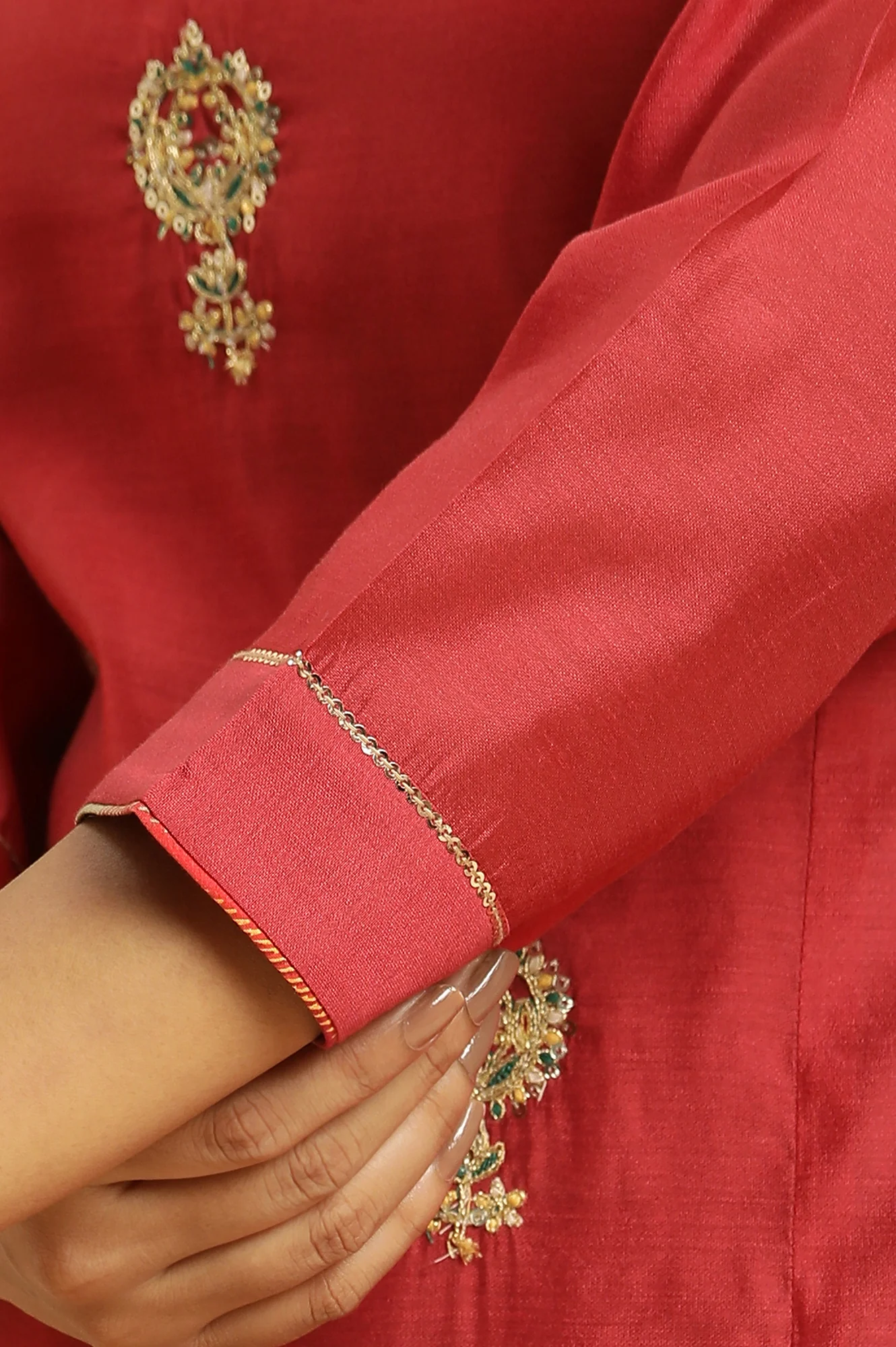 Red Solid Embroidered Dori Straight Chanderi Kurta - Image 8