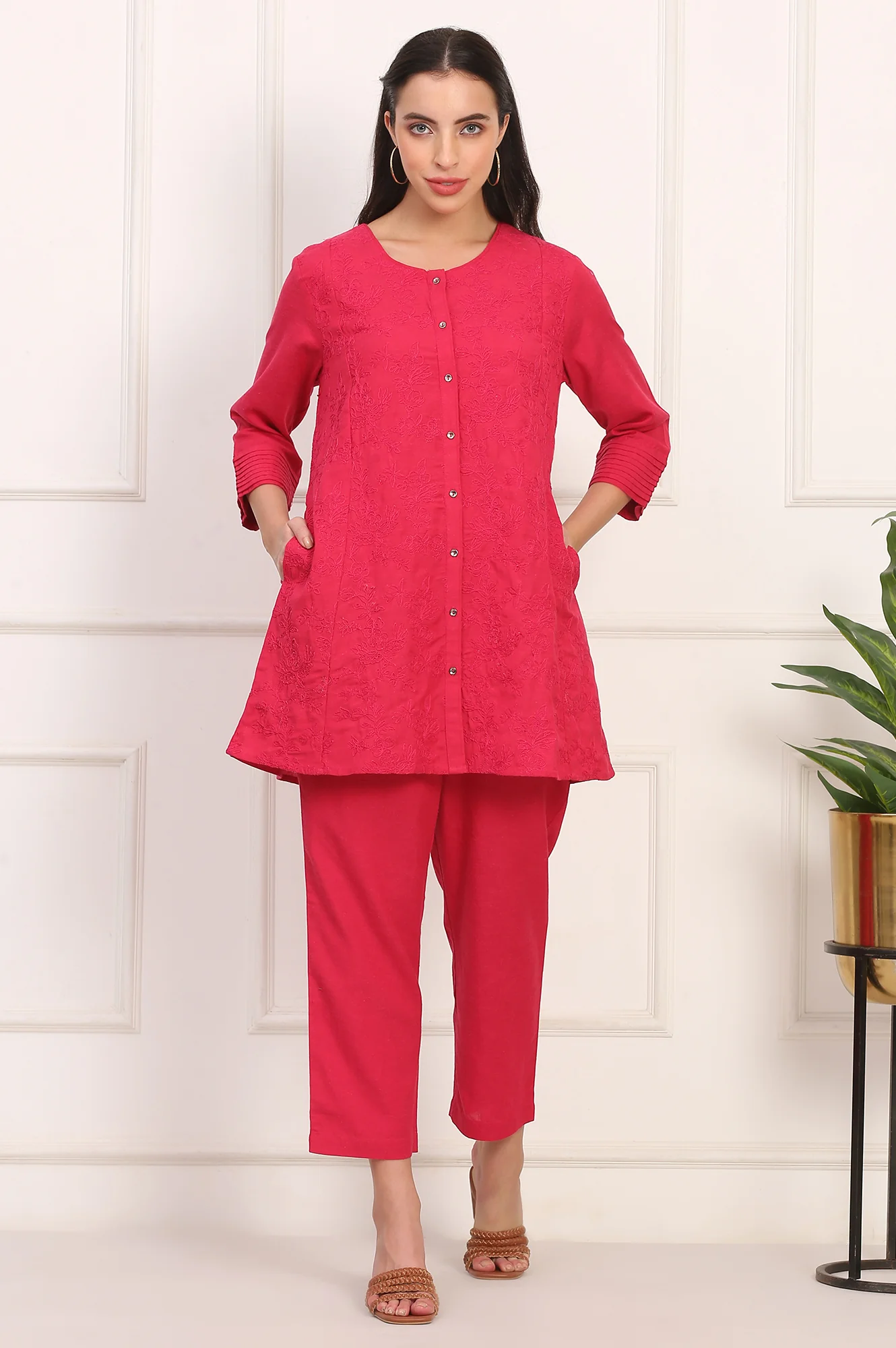 Red Solid Embroidered Rayon Flax A-line Tunic and Straight Pants Co-ord Set - Image 3