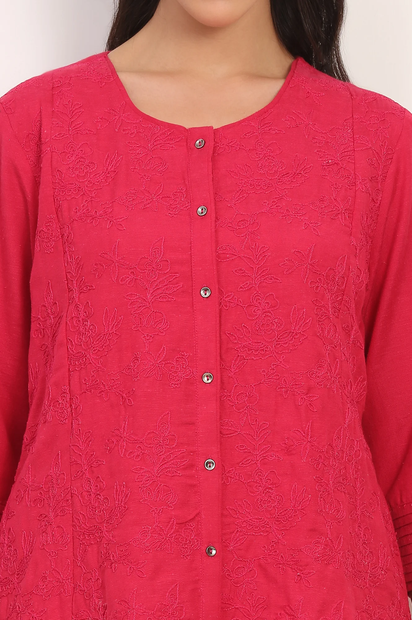 Red Solid Embroidered Rayon Flax A-line Tunic and Straight Pants Co-ord Set - Image 4