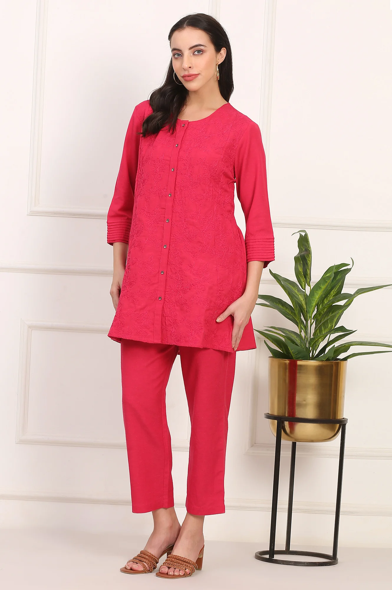 Red Solid Embroidered Rayon Flax A-line Tunic and Straight Pants Co-ord Set - Image 5