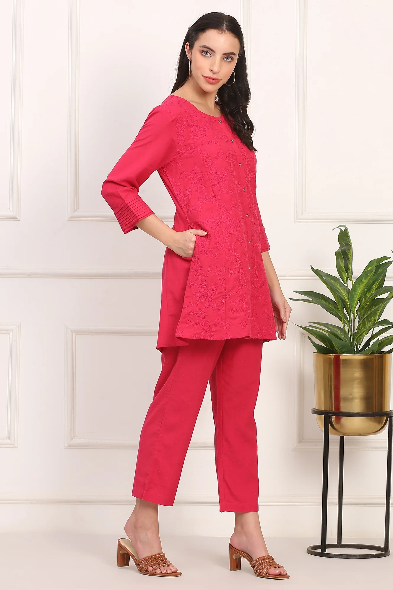 Red Solid Embroidered Rayon Flax A-line Tunic and Straight Pants Co-ord Set - Image 7