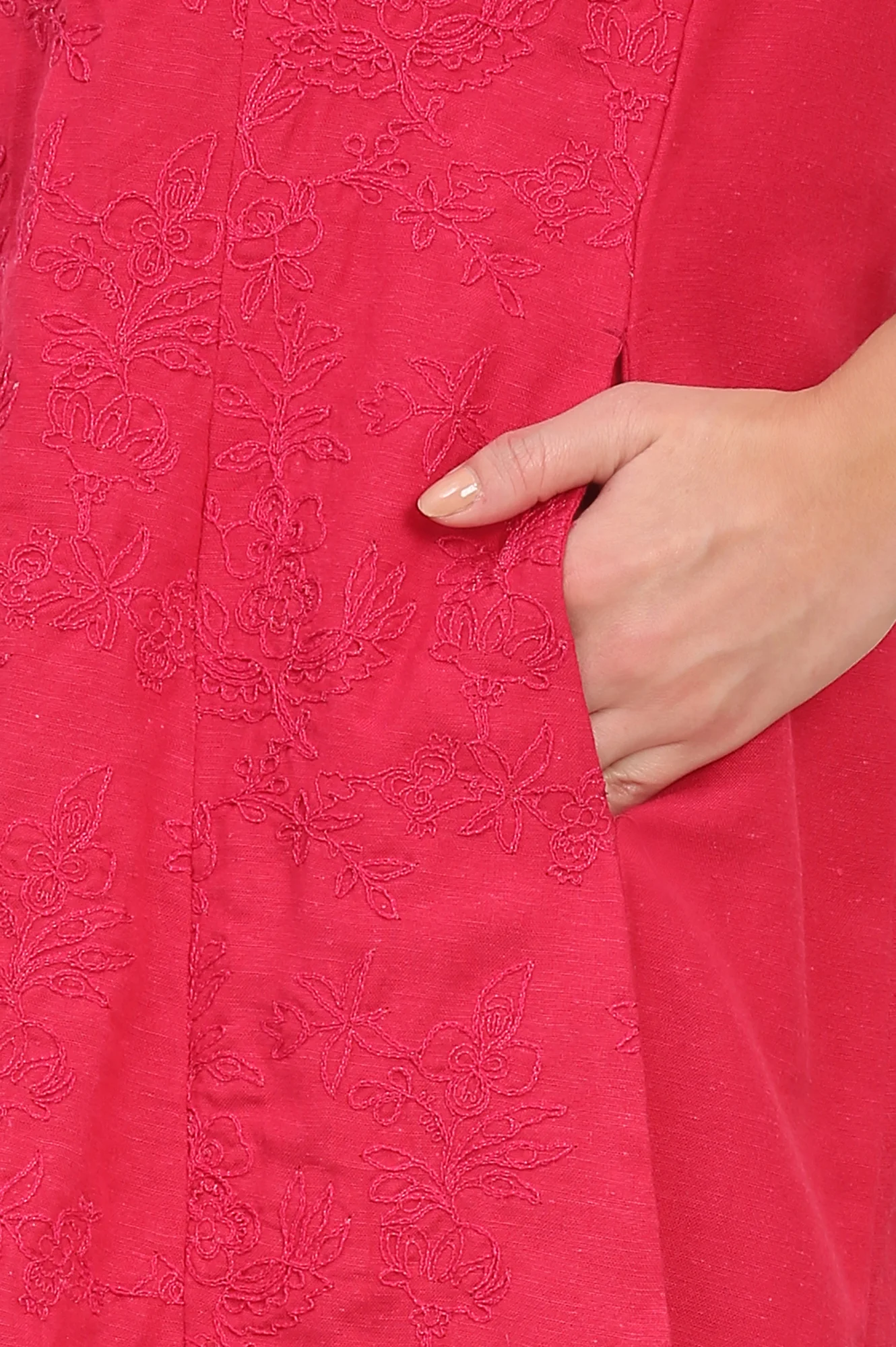 Red Solid Embroidered Rayon Flax A-line Tunic and Straight Pants Co-ord Set - Image 9