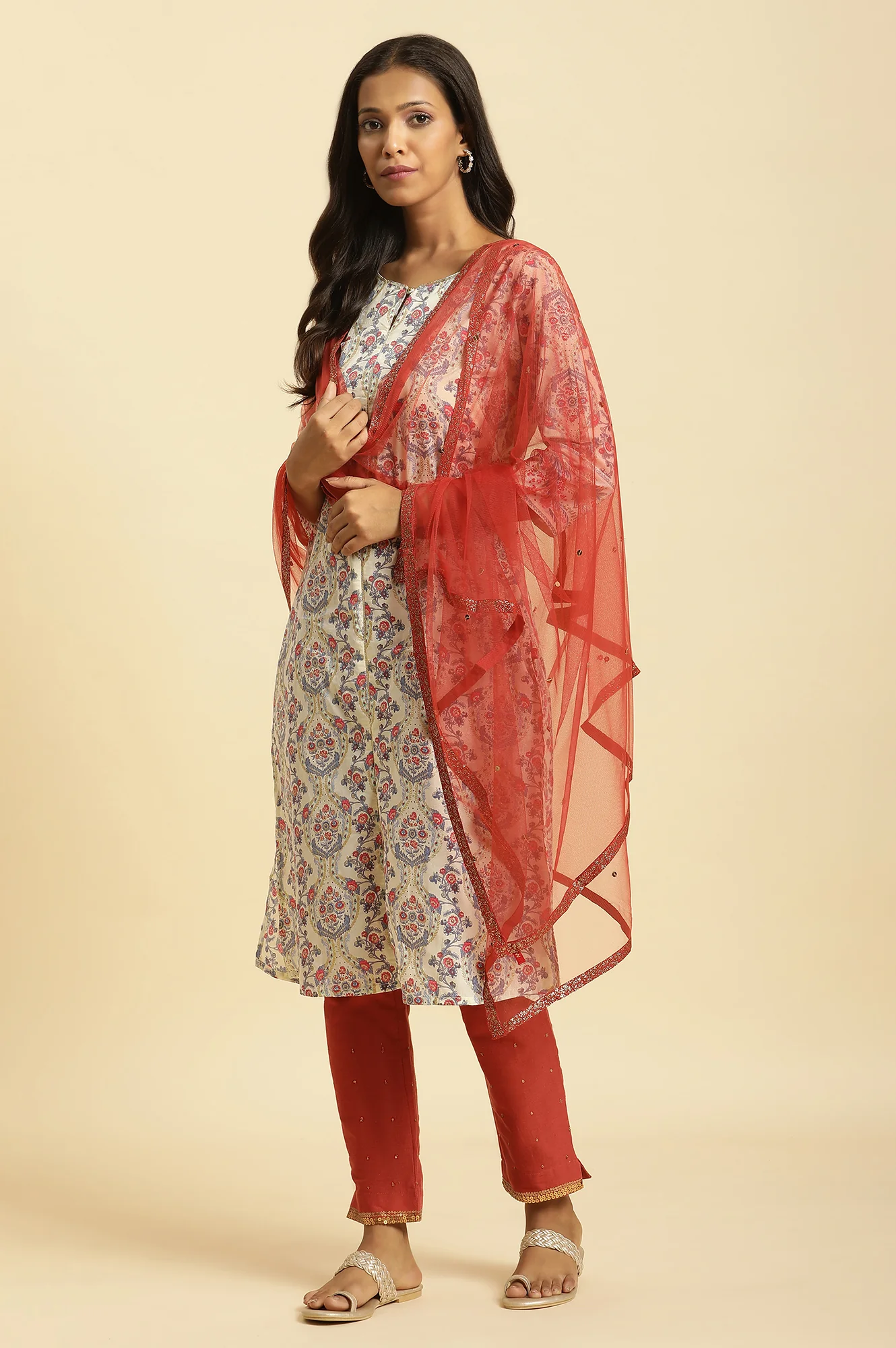 Red Solid Glitter Tape Border Sequined Mesh Dupatta - Image 3