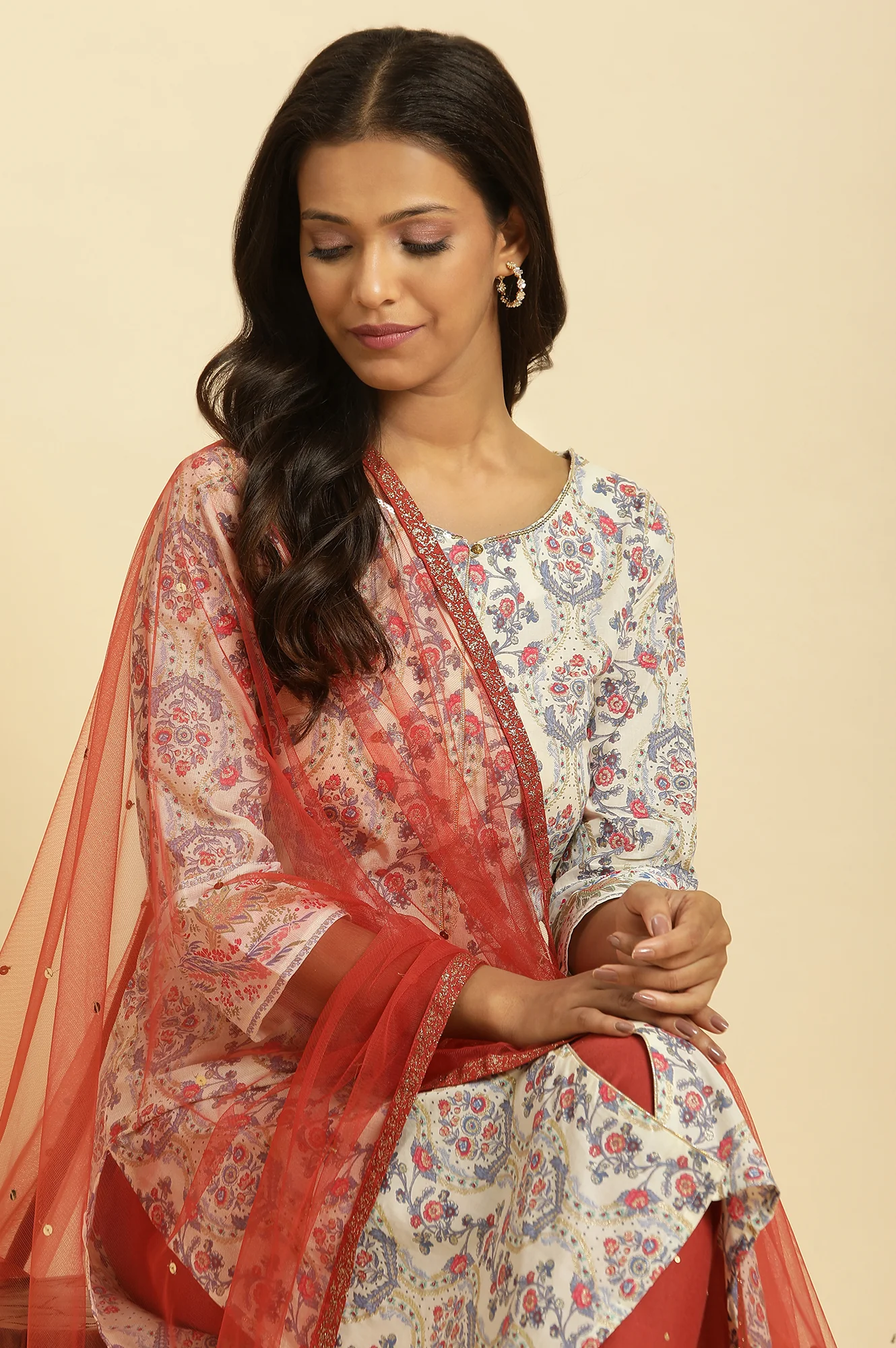 Red Solid Glitter Tape Border Sequined Mesh Dupatta - Image 4
