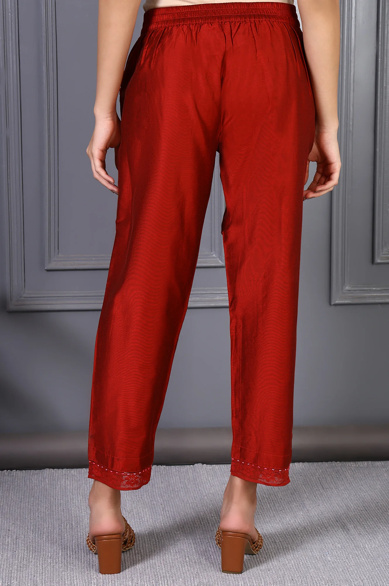 Red Solid Mid-Rise Straight Pants with Lace - Image 4