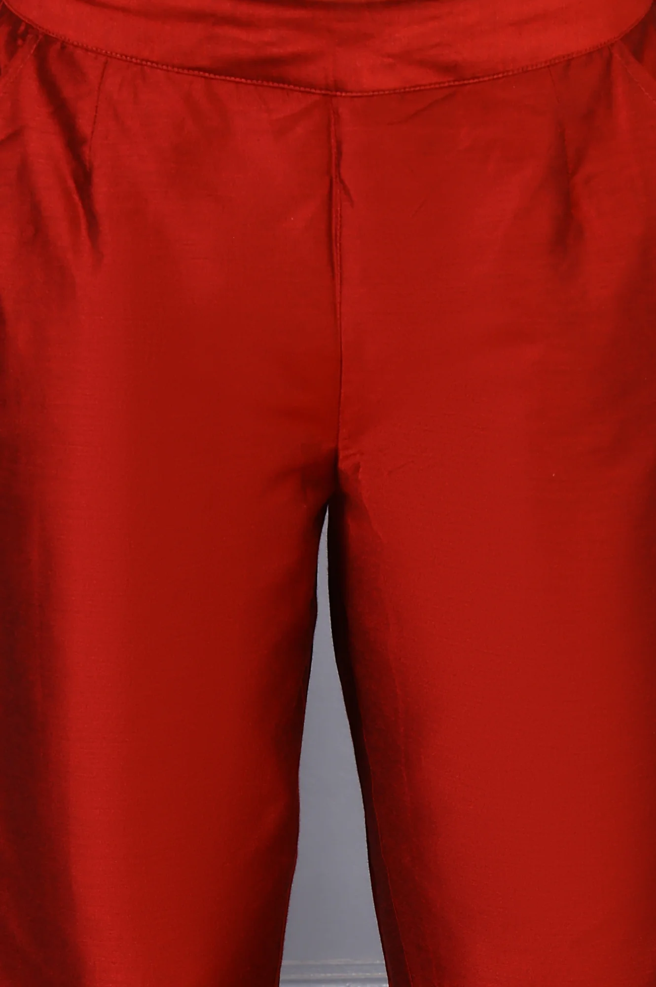 Red Solid Mid-Rise Straight Pants with Lace - Image 6