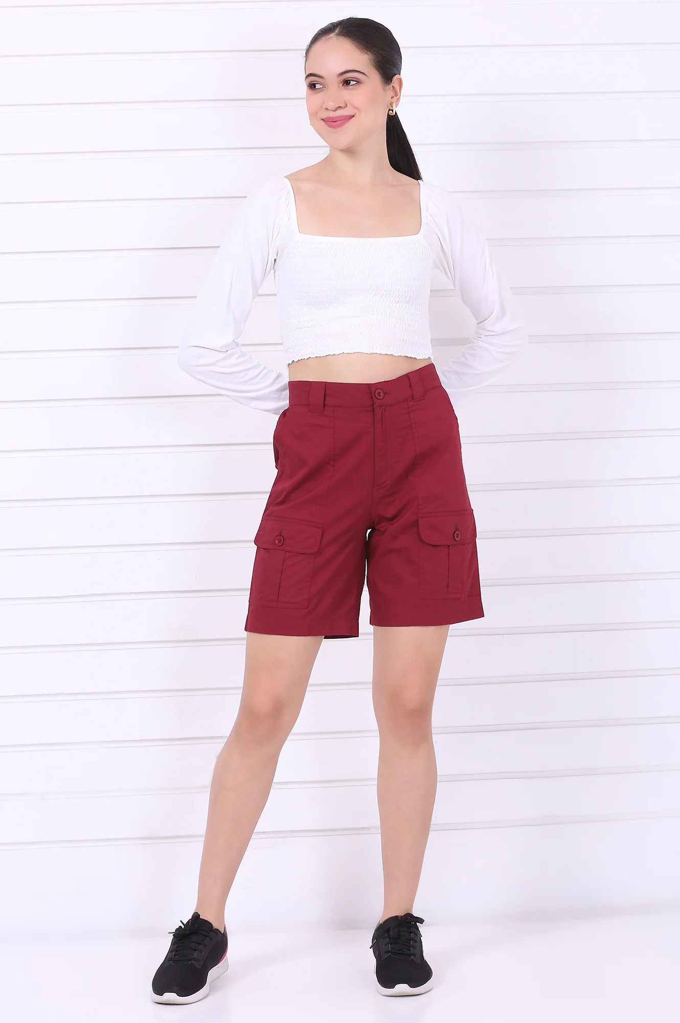 Red Solid Mid Thigh Pure Cotton Shorts with YKK Zipper