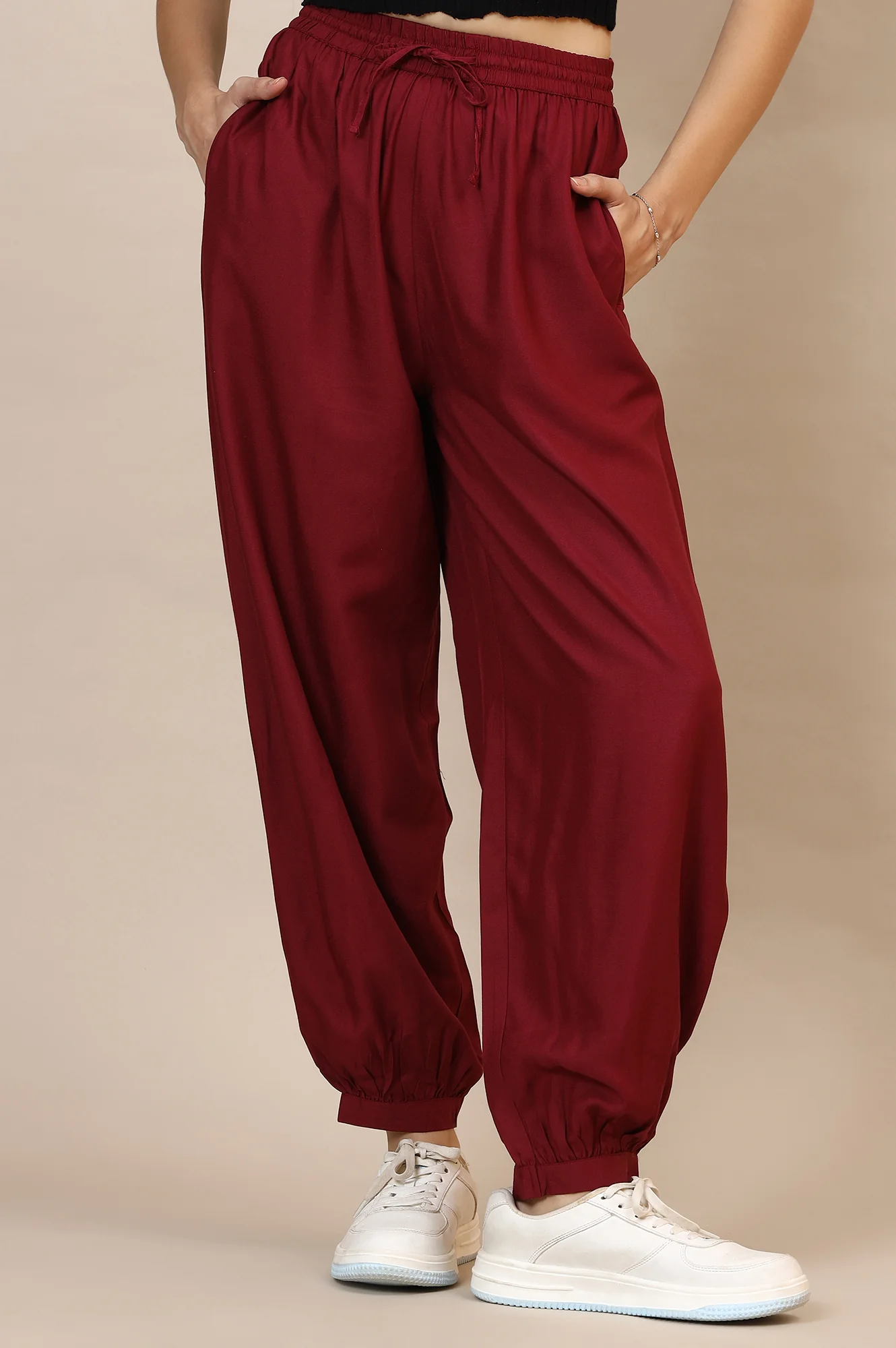 Red Solid Loose Fit Rayon Dhoti Pants With Drawstring - Image 2