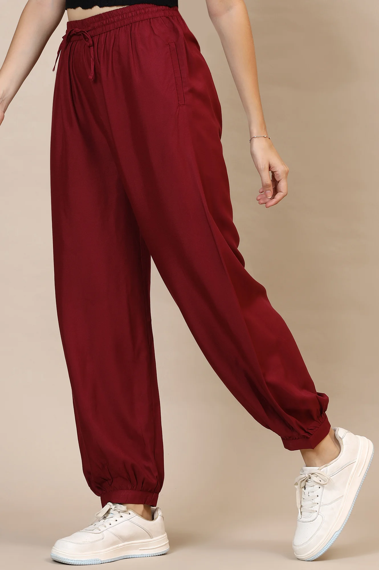 Red Solid Loose Fit Rayon Dhoti Pants With Drawstring - Image 3