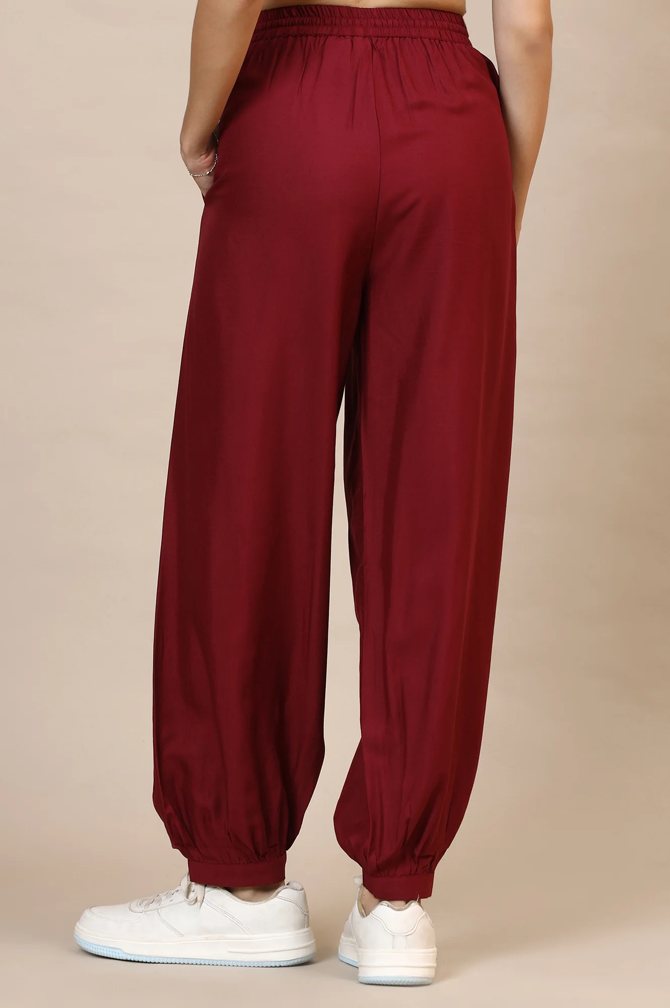 Red Solid Loose Fit Rayon Dhoti Pants With Drawstring - Image 4