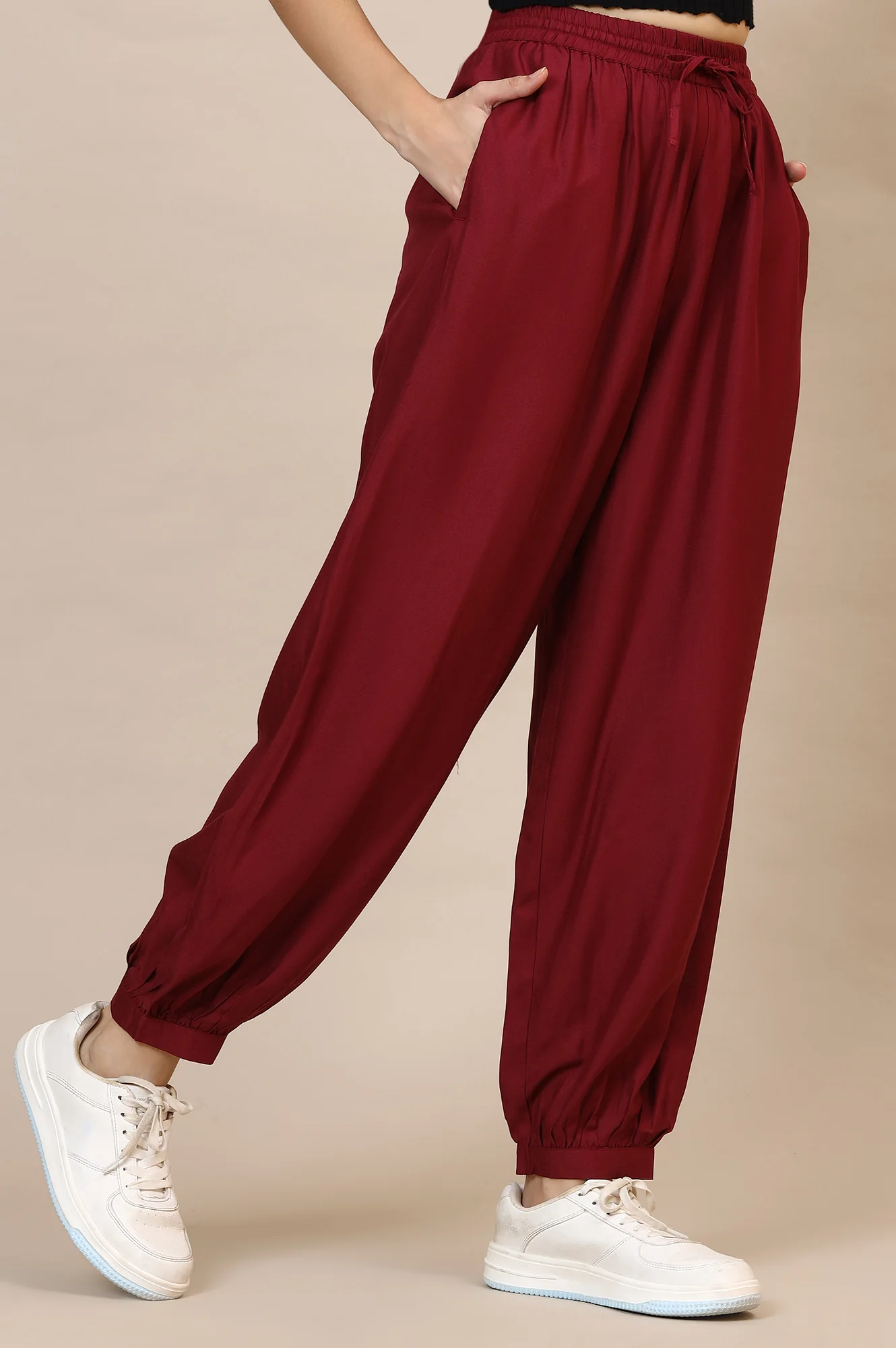 Red Solid Loose Fit Rayon Dhoti Pants With Drawstring - Image 5