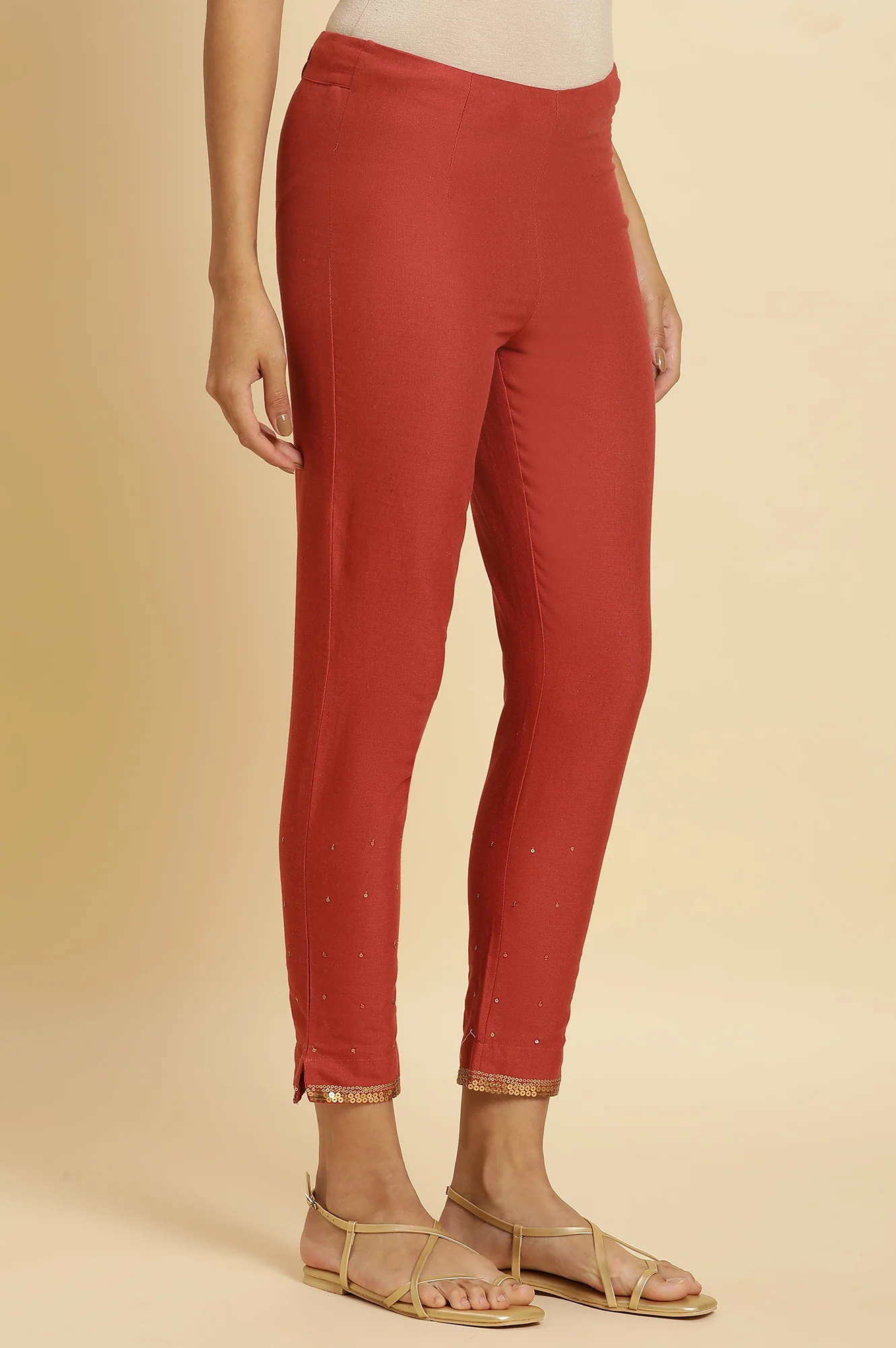 Red Solid Sequined Straight Cotton Slim Pant - Image 4