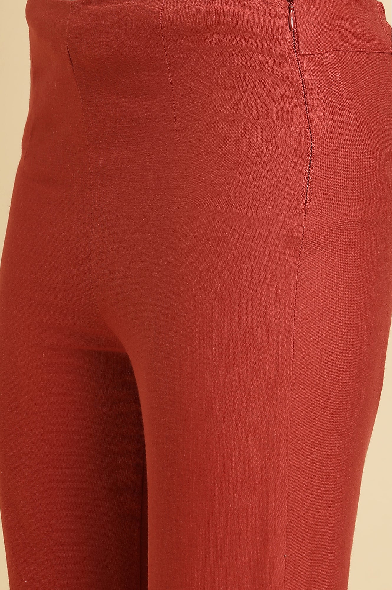 Red Solid Sequined Straight Cotton Slim Pant - Image 7