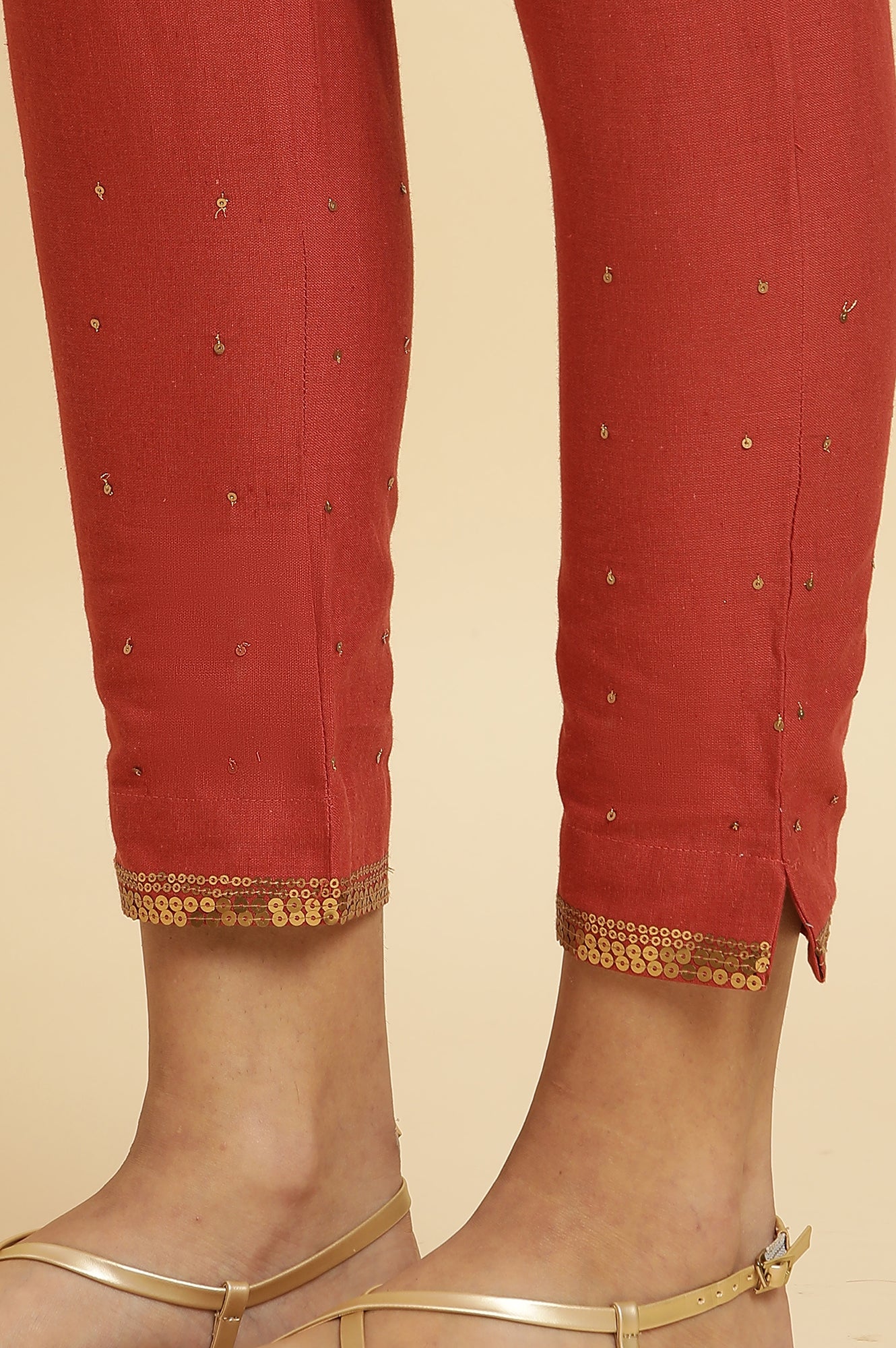 Red Solid Sequined Straight Cotton Slim Pant - Image 8