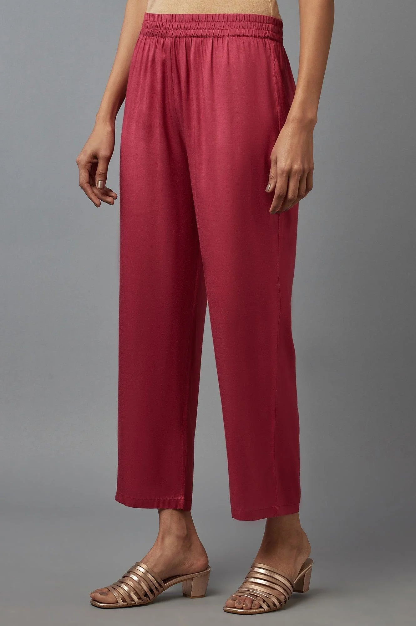 Red Solid Slim Pants in Straight Silhouette - Image 3