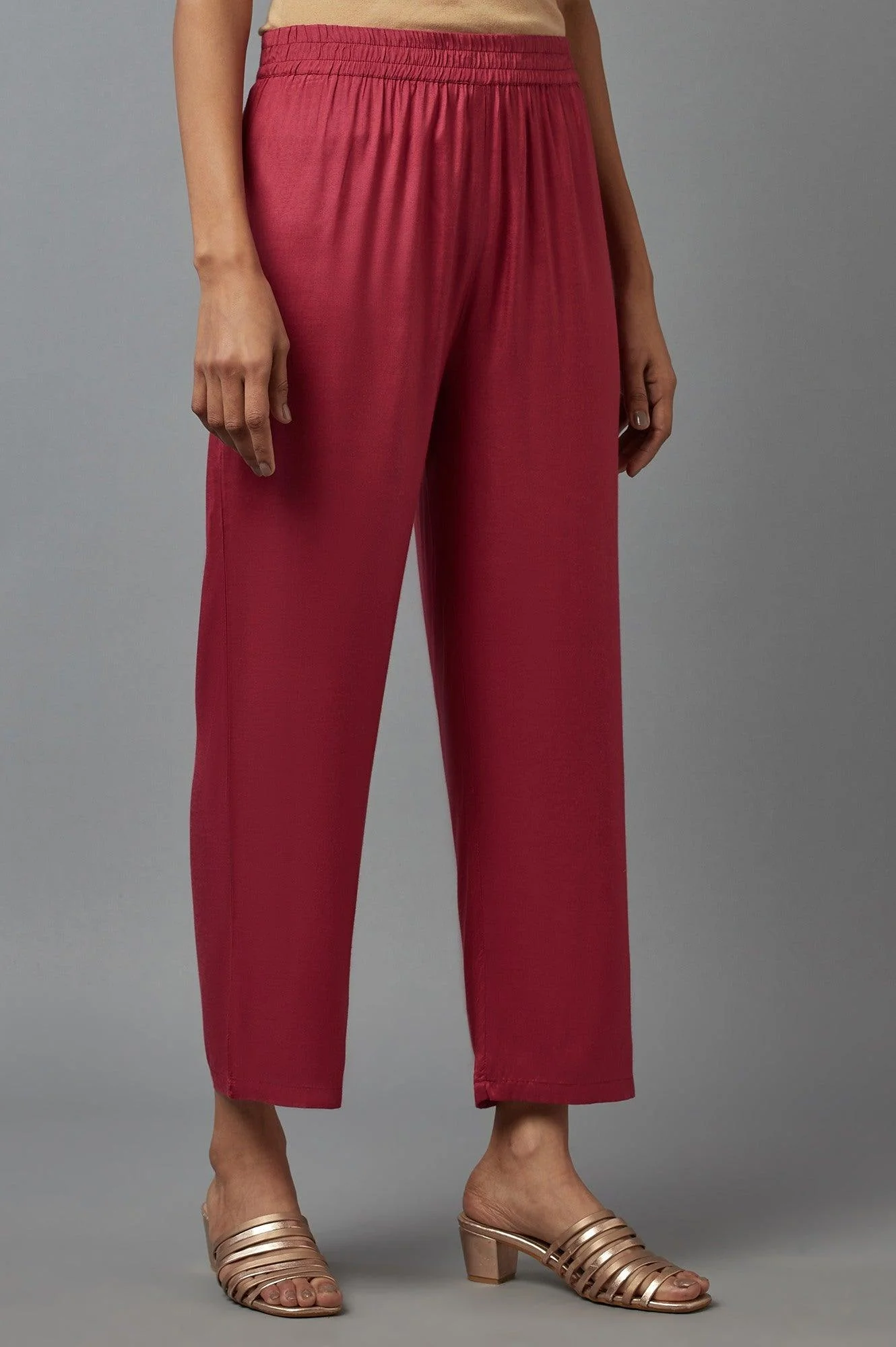 Red Solid Slim Pants in Straight Silhouette - Image 4