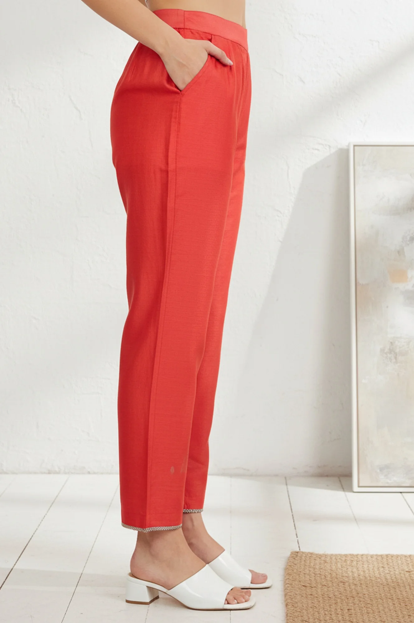 Red Solid Straight Fit Ankle Length Straight Pants - Image 5