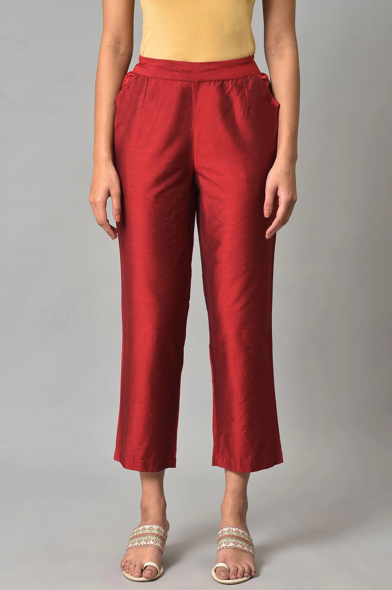 Red Solid Straight Women Pants