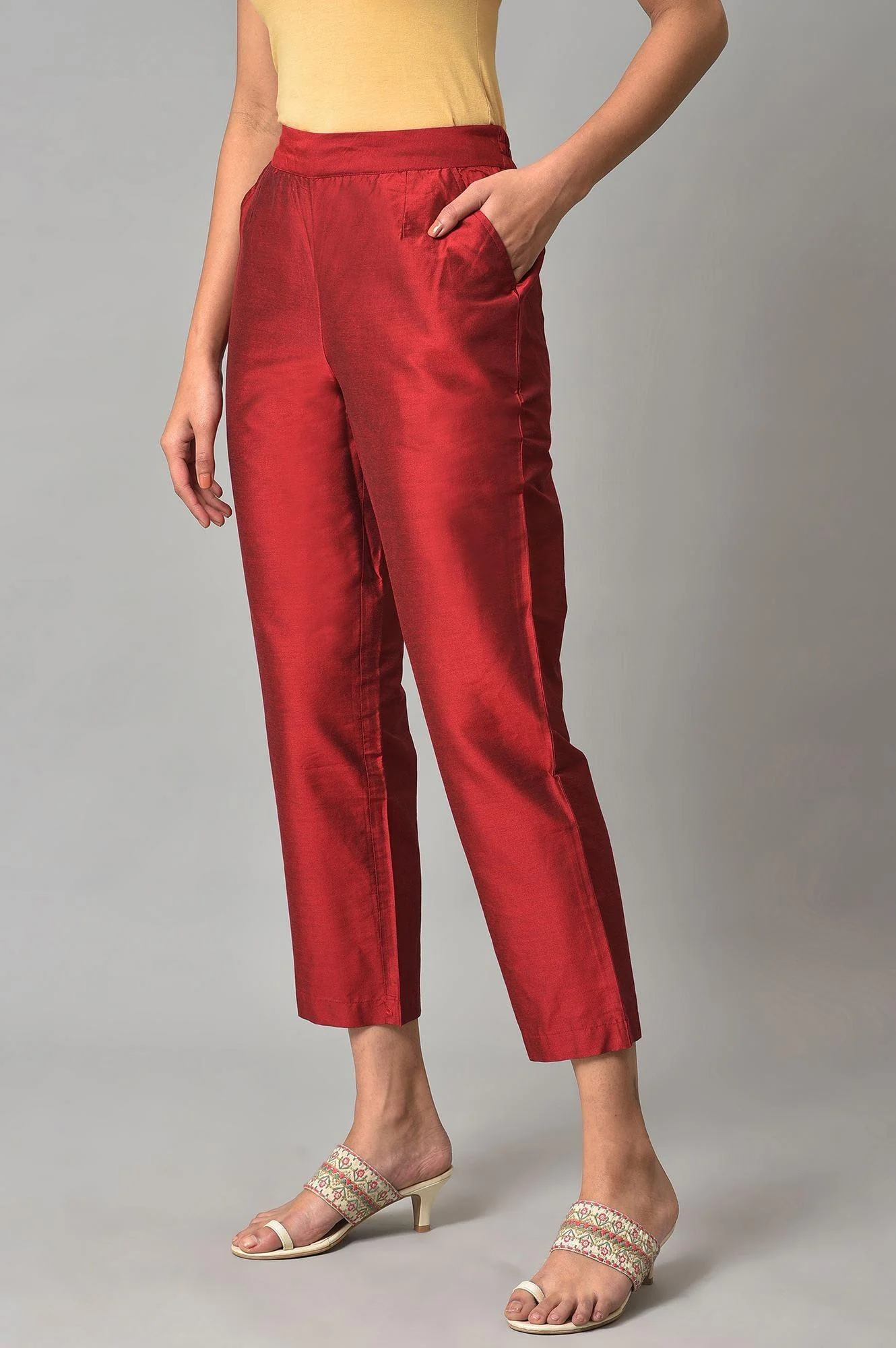Red Solid Straight Women Pants - Image 3