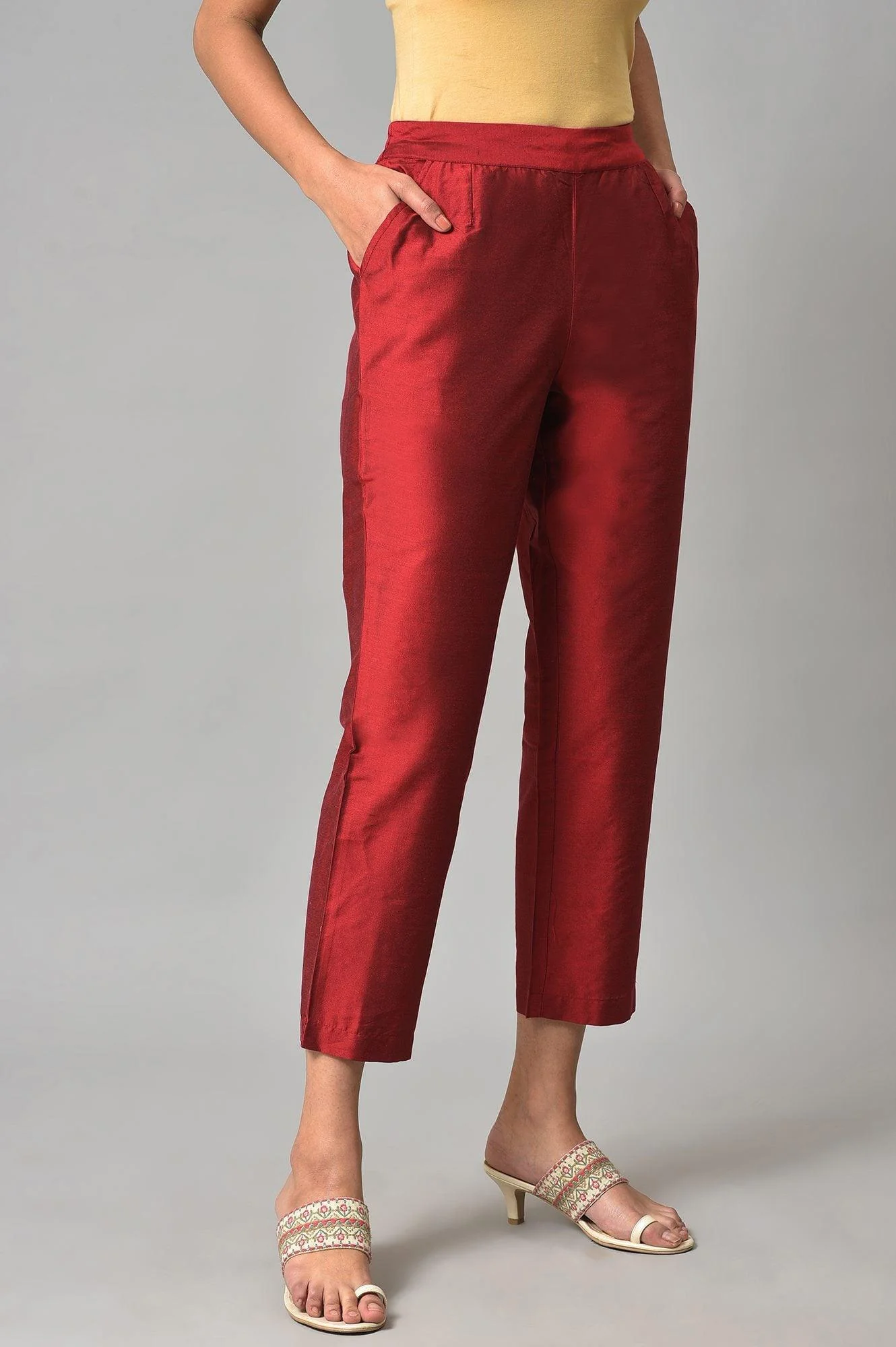 Red Solid Straight Women Pants - Image 4