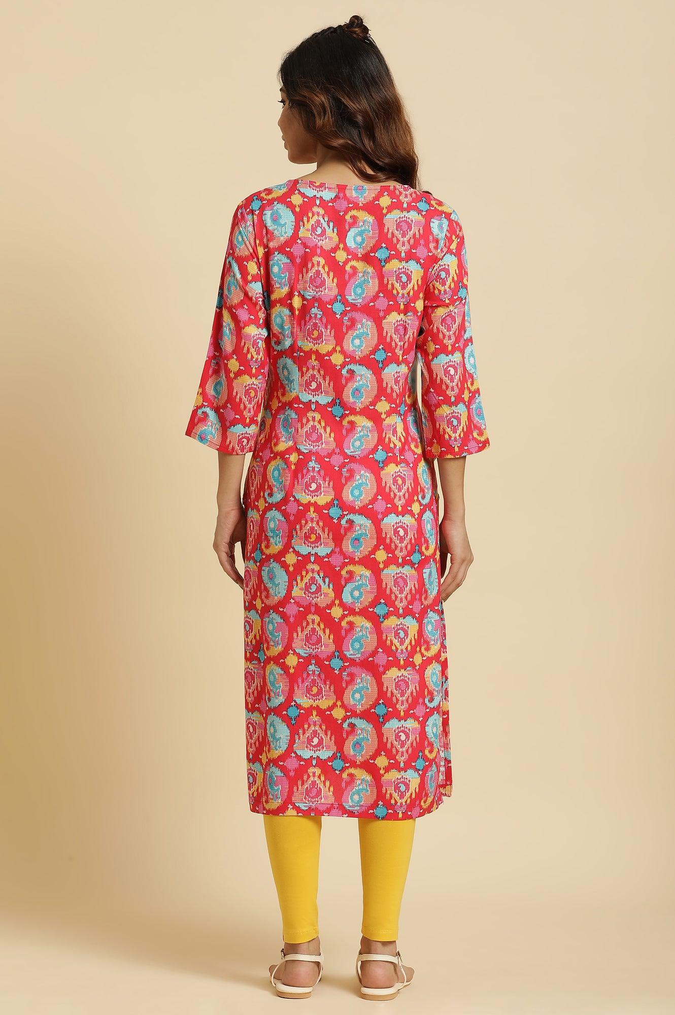 Red Straight Kurta With Multi-Coloured Print - Image 4