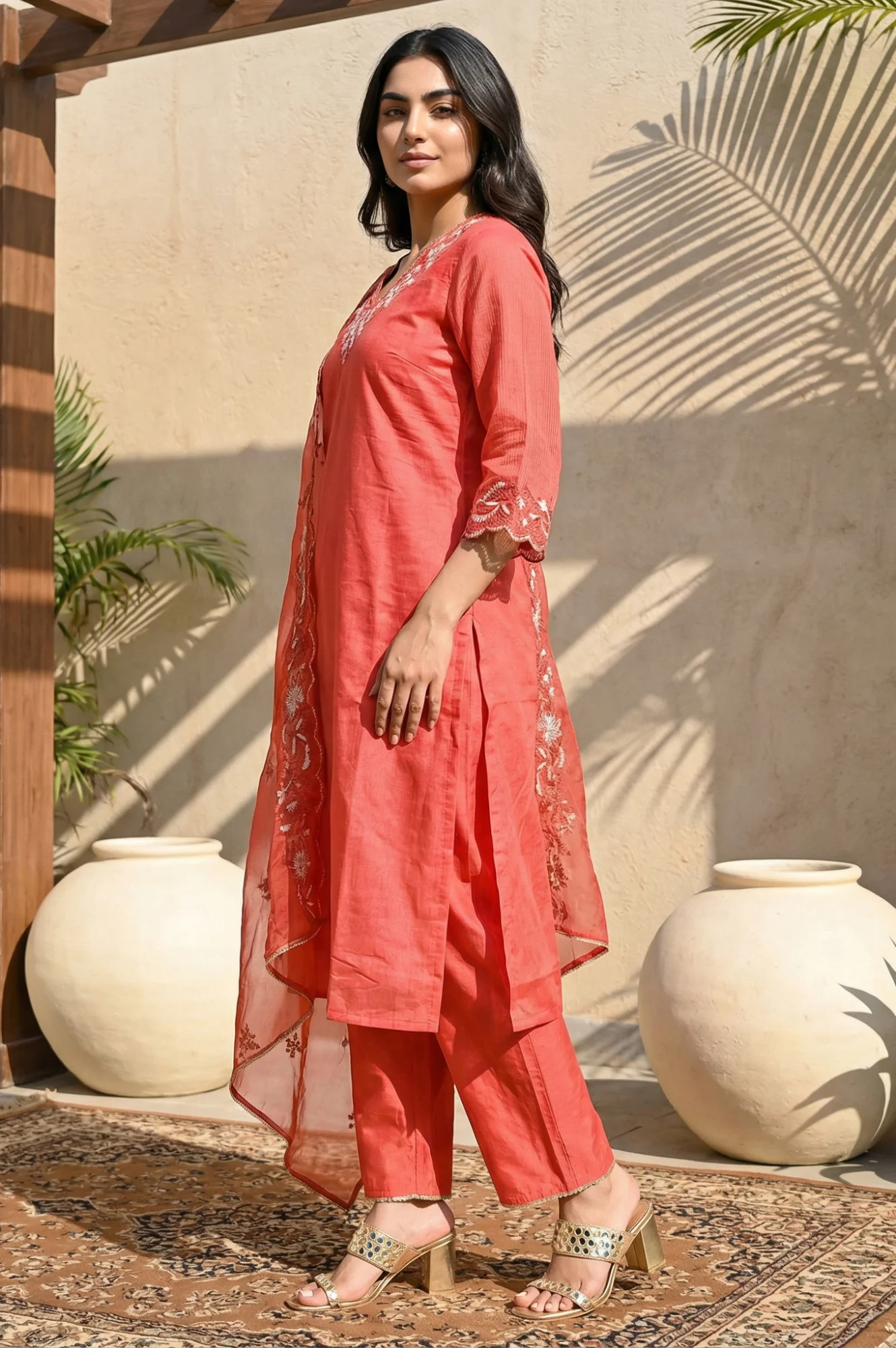 Red Embroidered Straight Kurta with Pants and Dupatta Set - Image 3