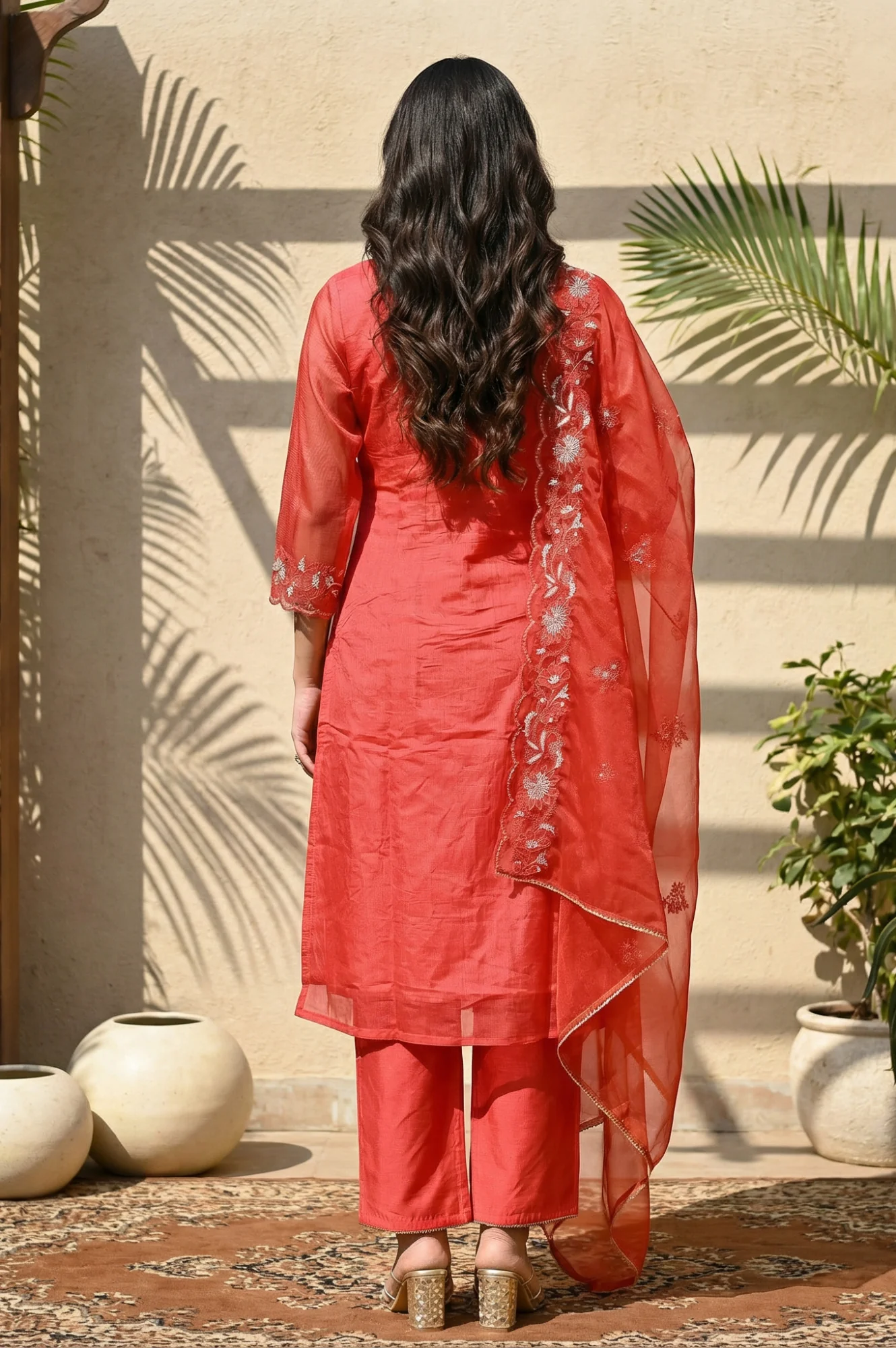 Red Embroidered Straight Kurta with Pants and Dupatta Set - Image 4