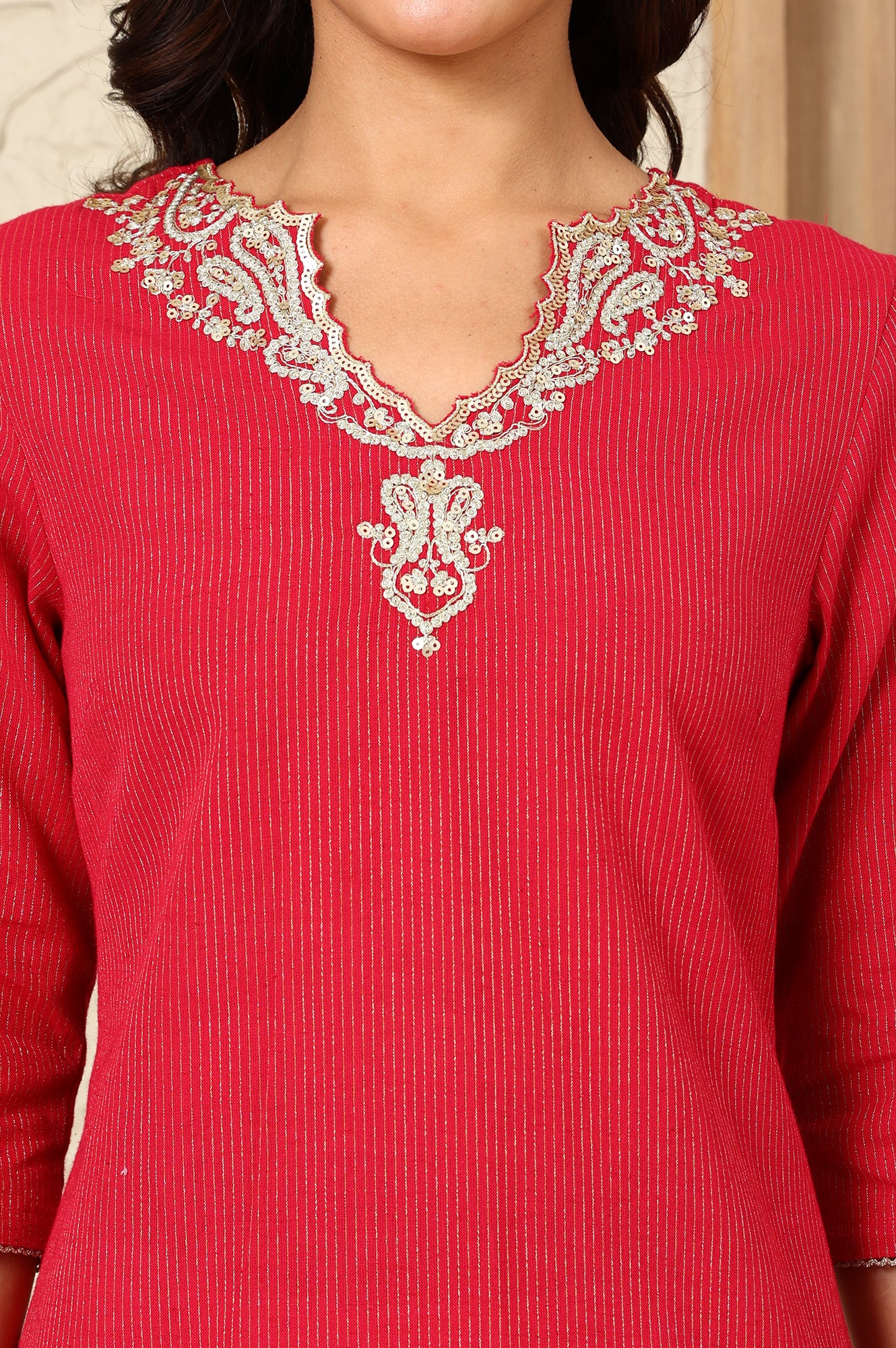 Red Striped Yarn-Dyed Embroidered Straight Cotton Kurta - Image 3