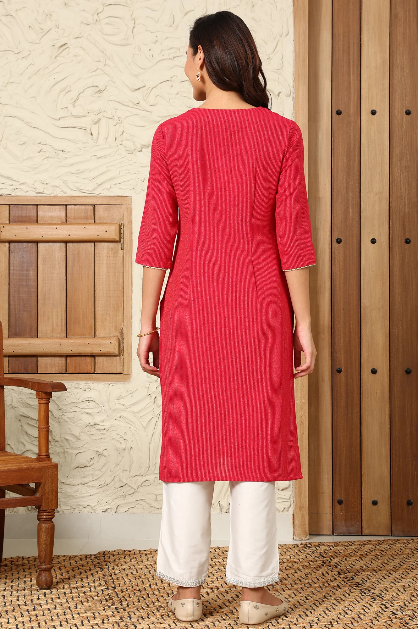 Red Striped Yarn-Dyed Embroidered Straight Cotton Kurta - Image 5