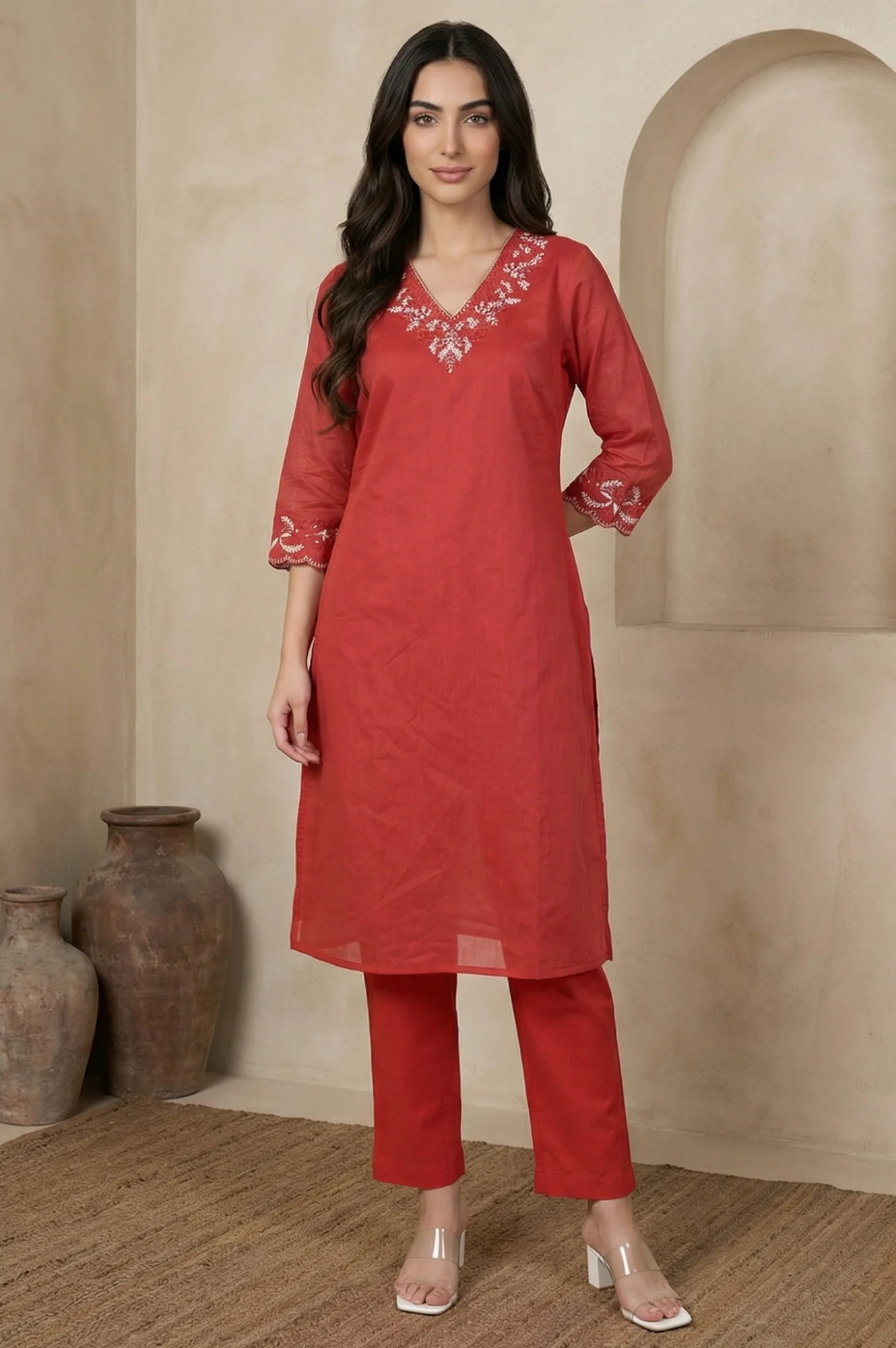 Red Thread Embroidered Straight Chanderi Kurta