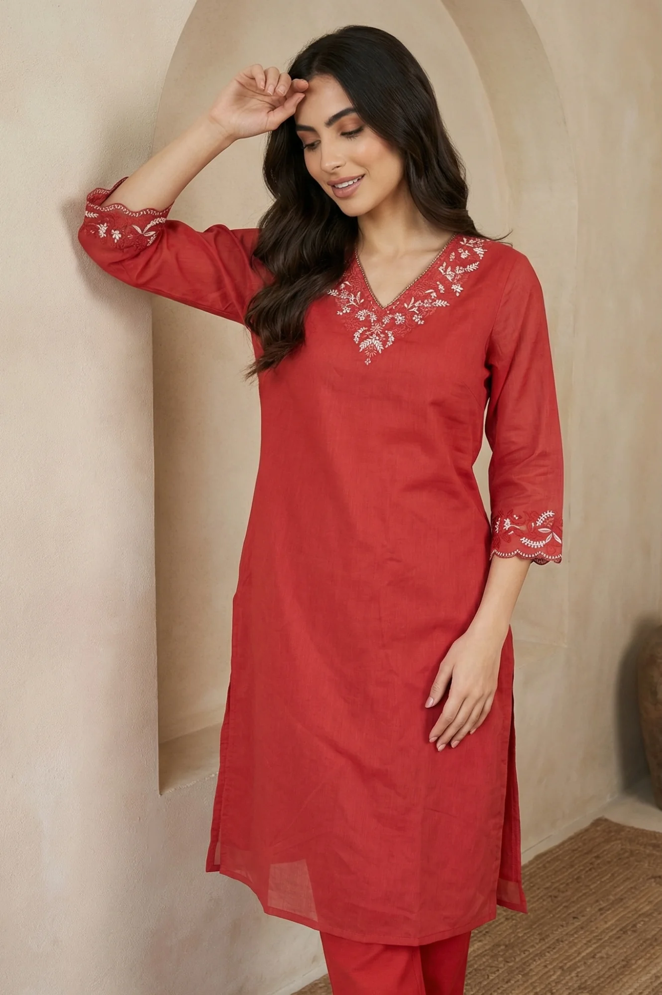 Red Thread Embroidered Straight Chanderi Kurta - Image 3