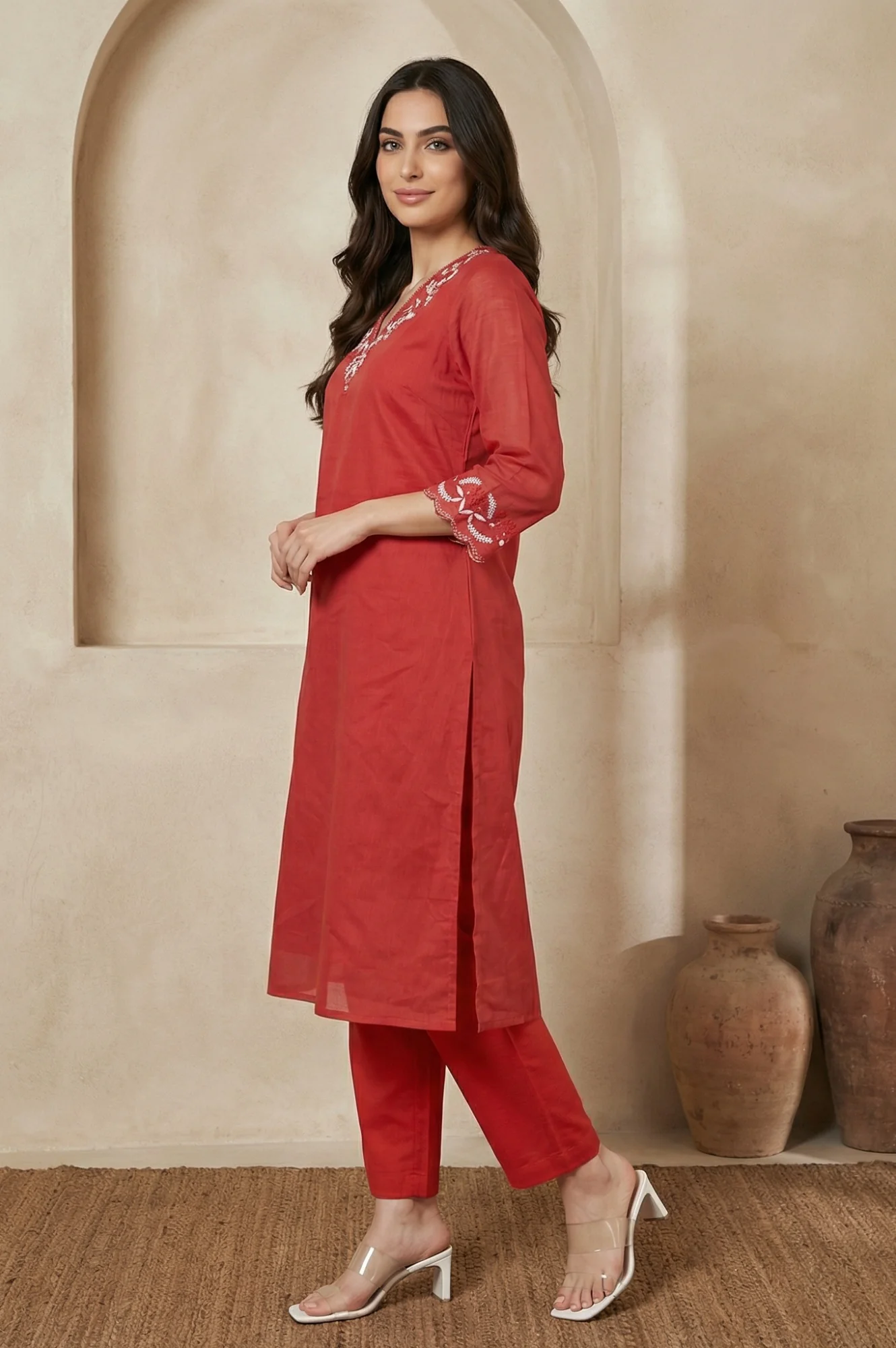 Red Thread Embroidered Straight Chanderi Kurta - Image 4