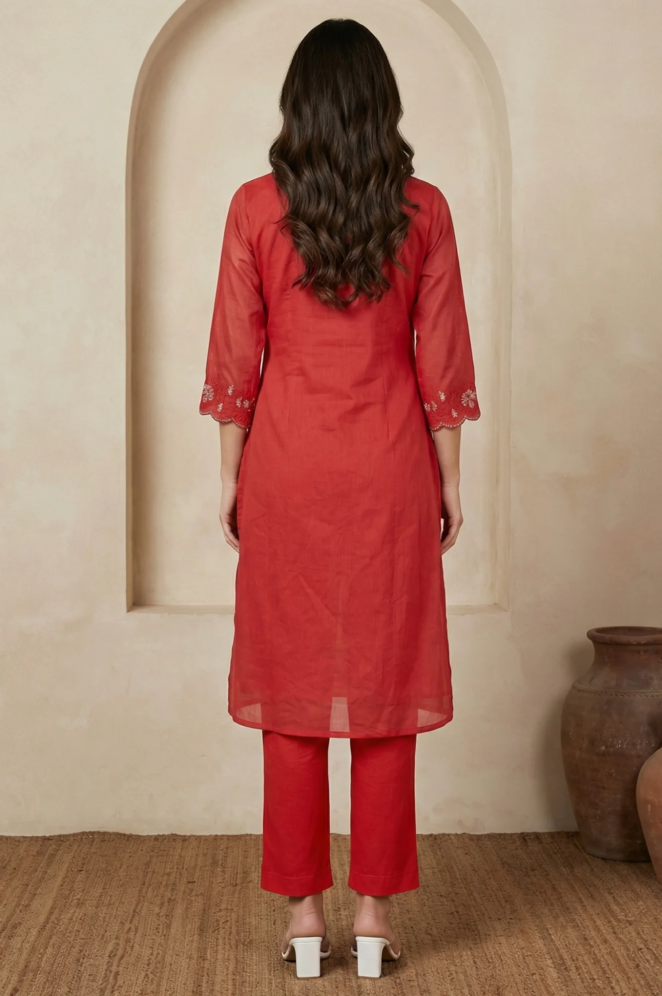 Red Thread Embroidered Straight Chanderi Kurta - Image 5