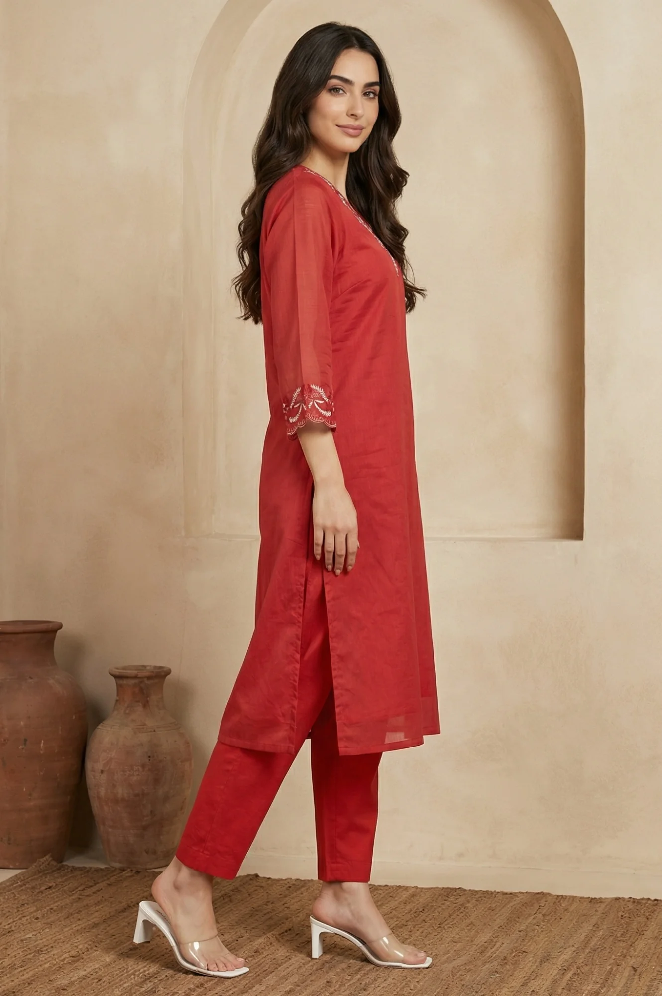 Red Thread Embroidered Straight Chanderi Kurta - Image 6